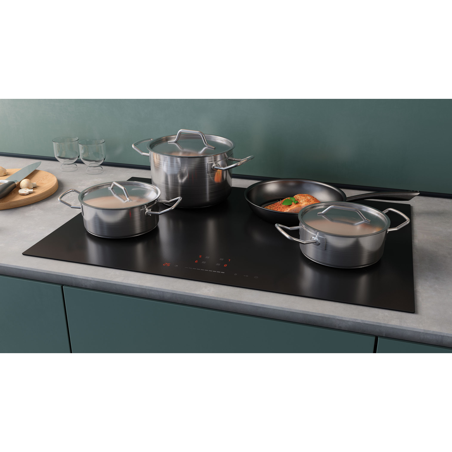 Keuken met potten en pannen op een zwart fornuis. Zilveren kookgerei en groene achtergrond.