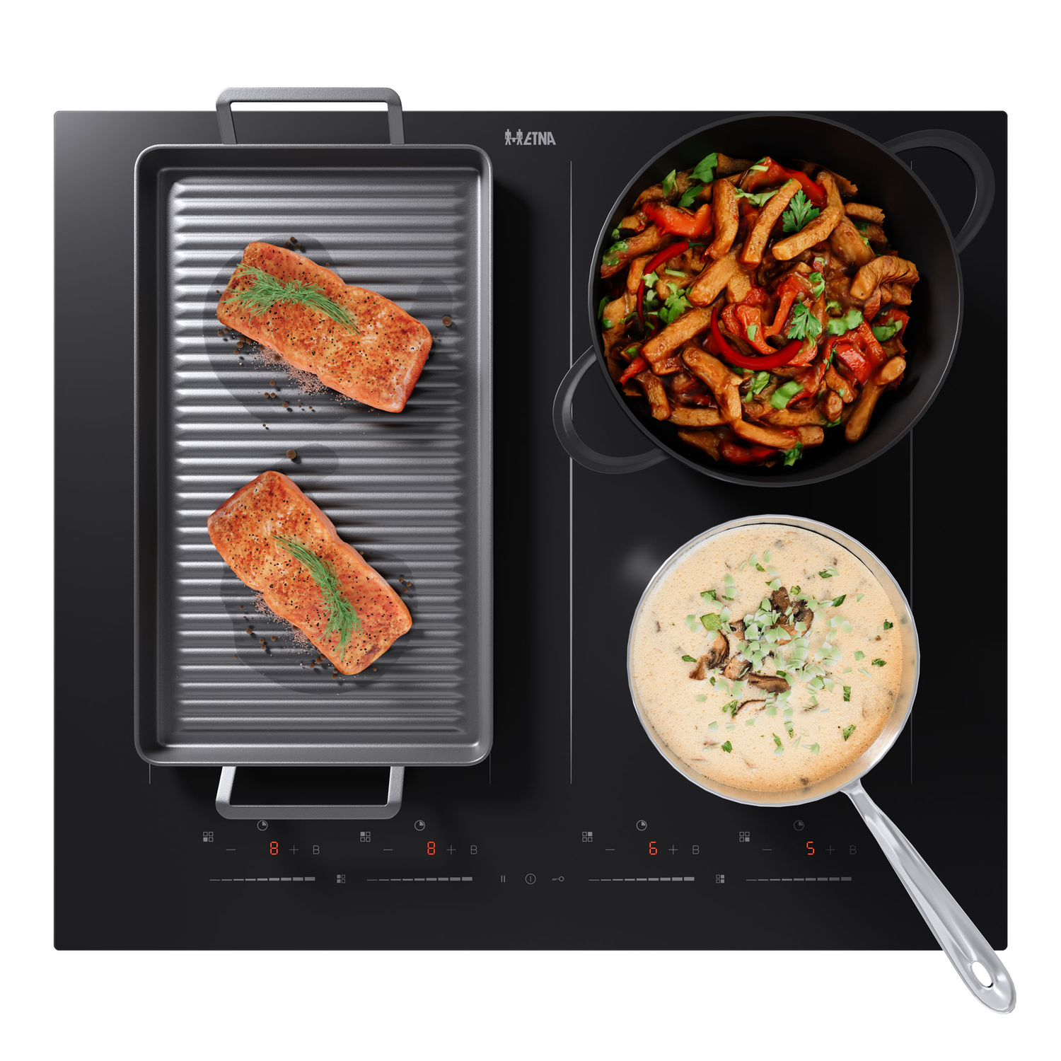 A black stovetop with food cooking on it.