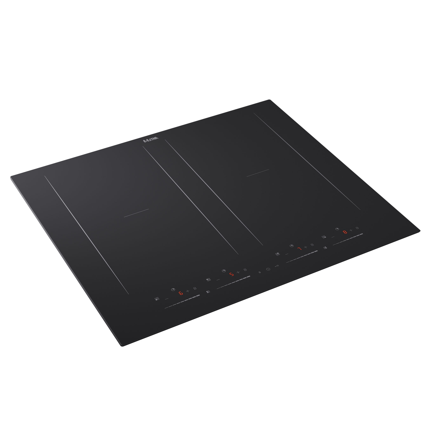 Black induction cooktop with four cooking zones. Red power indicators are visible.