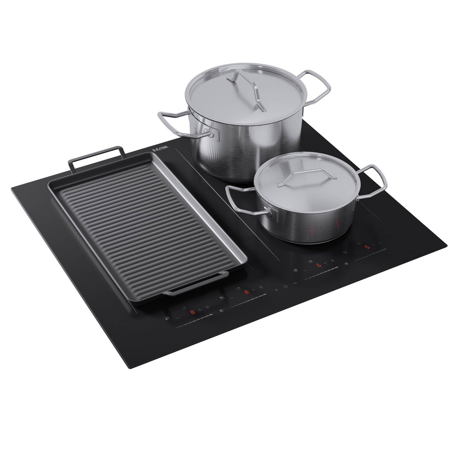 Black induction cooktop with two pots and a grill pan.