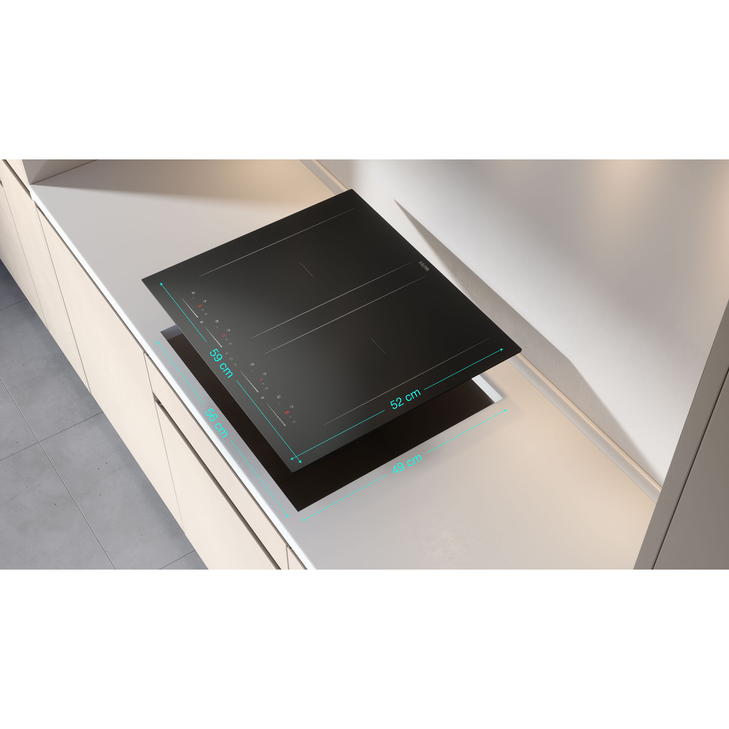 Black induction cooktop on a white countertop. Measurements are shown.