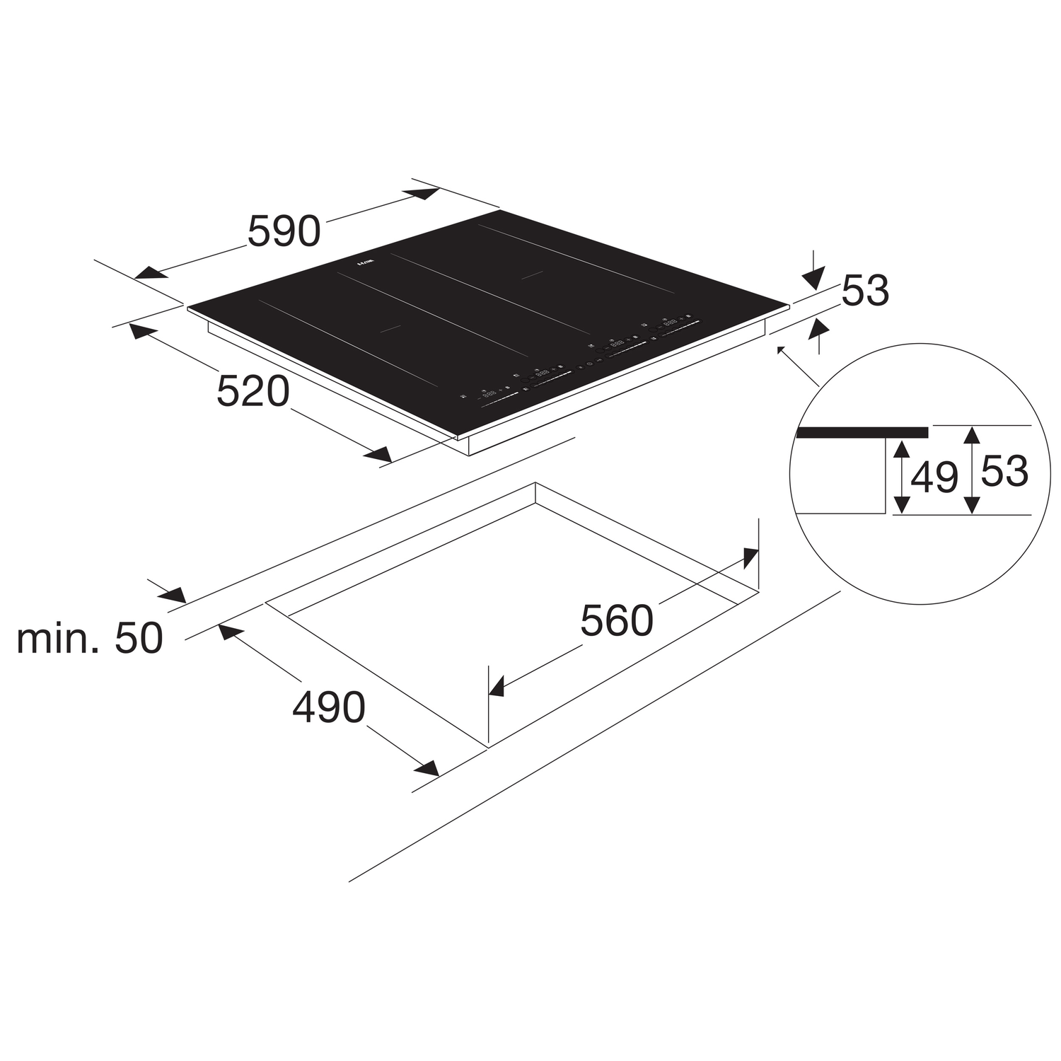 A black induction cooktop with measurements and a circular inset detail.