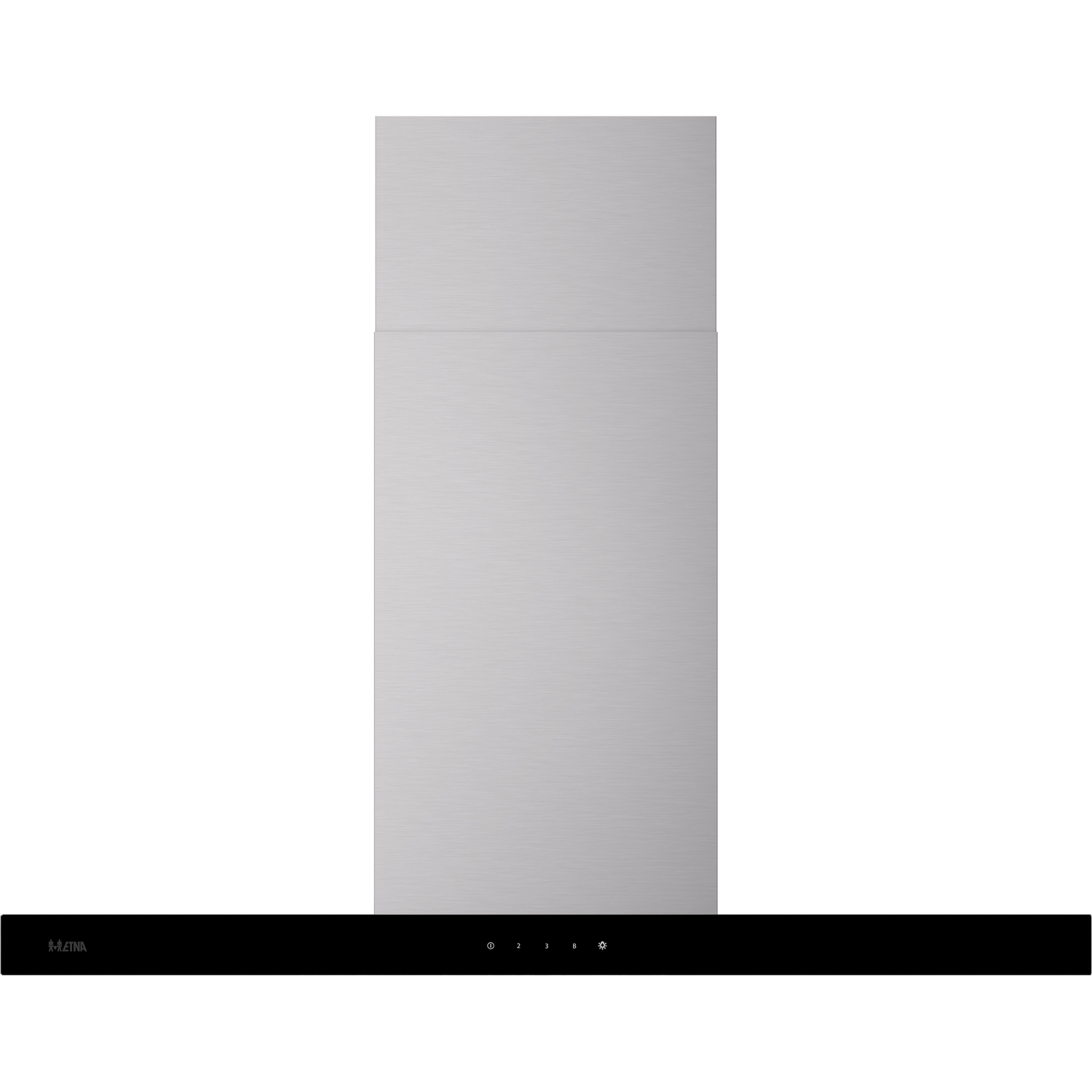Silver range hood with a black base and a digital display, isolated on white.