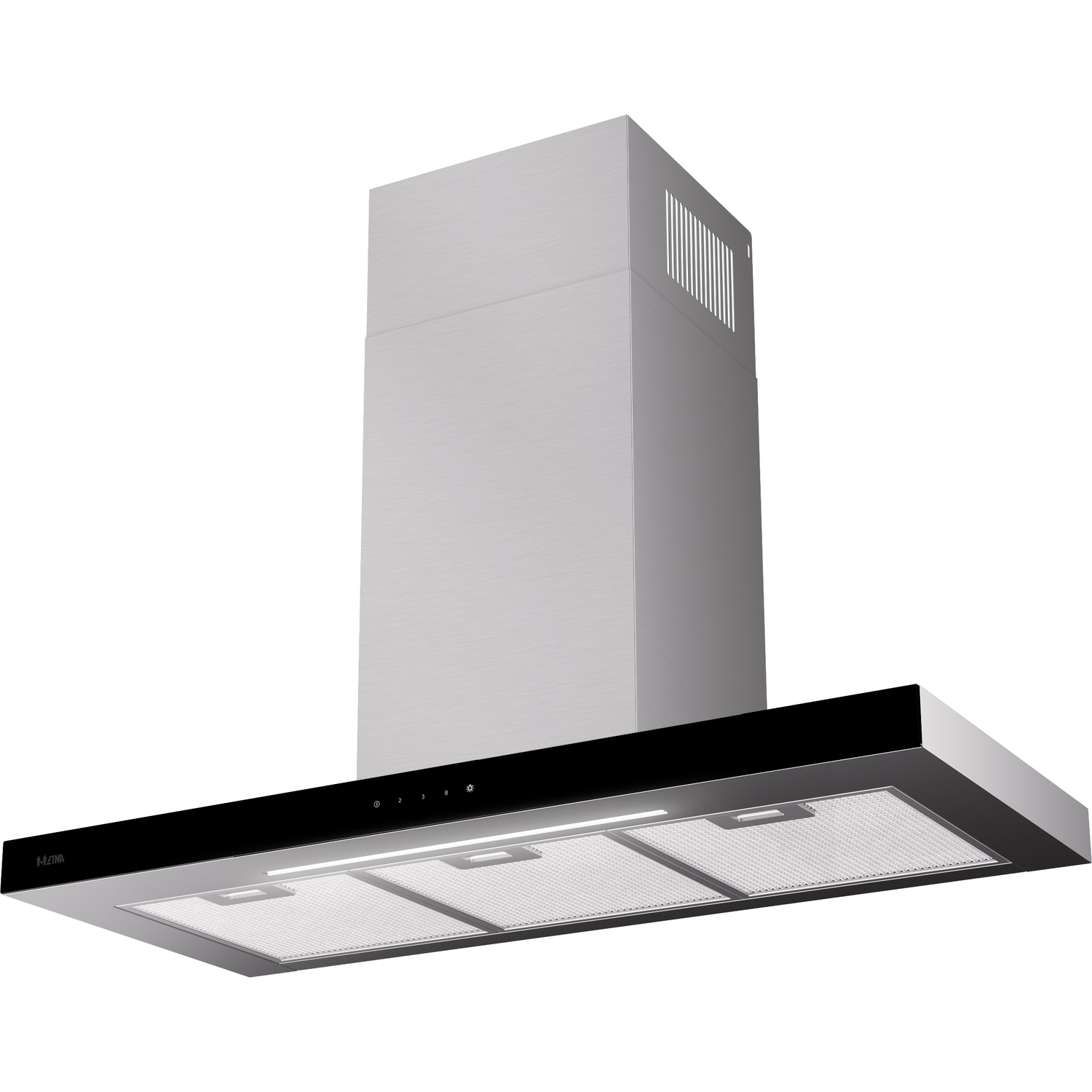 Stainless steel range hood. Black bottom with controls, two mesh filters, and a silver chimney.