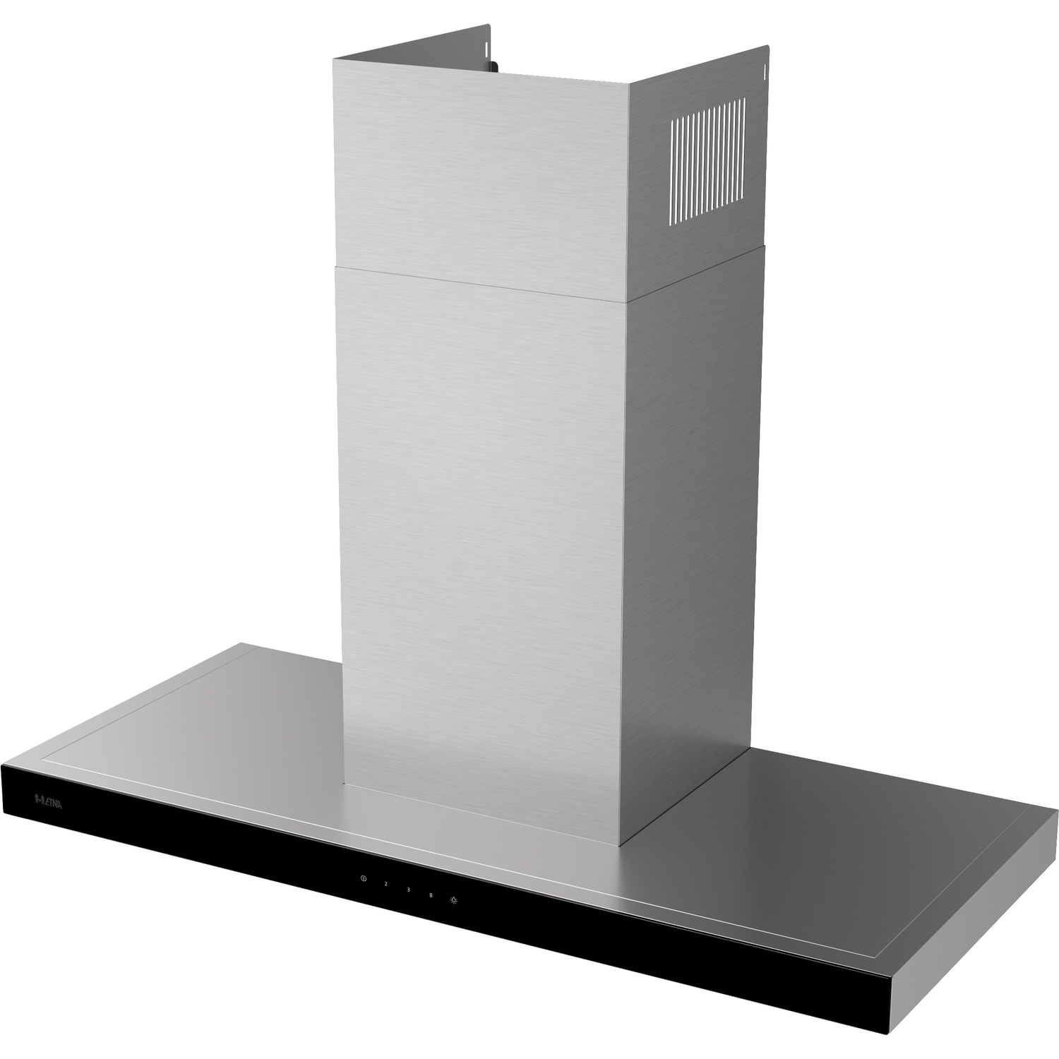 Stainless steel range hood. It has a rectangular design with a black control panel.