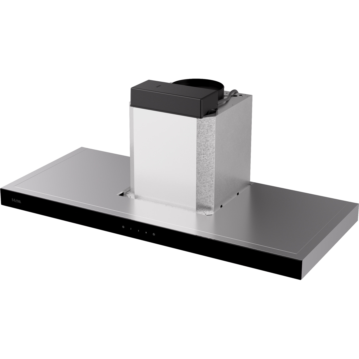 A silver kitchen hood with a black front panel and control buttons.