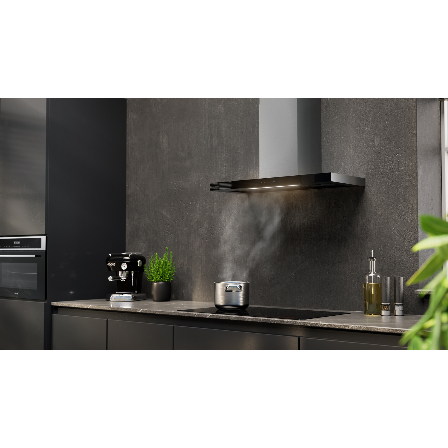 Modern kitchen with black cabinets, a stovetop with a pot steaming, and a stainless steel range hood.