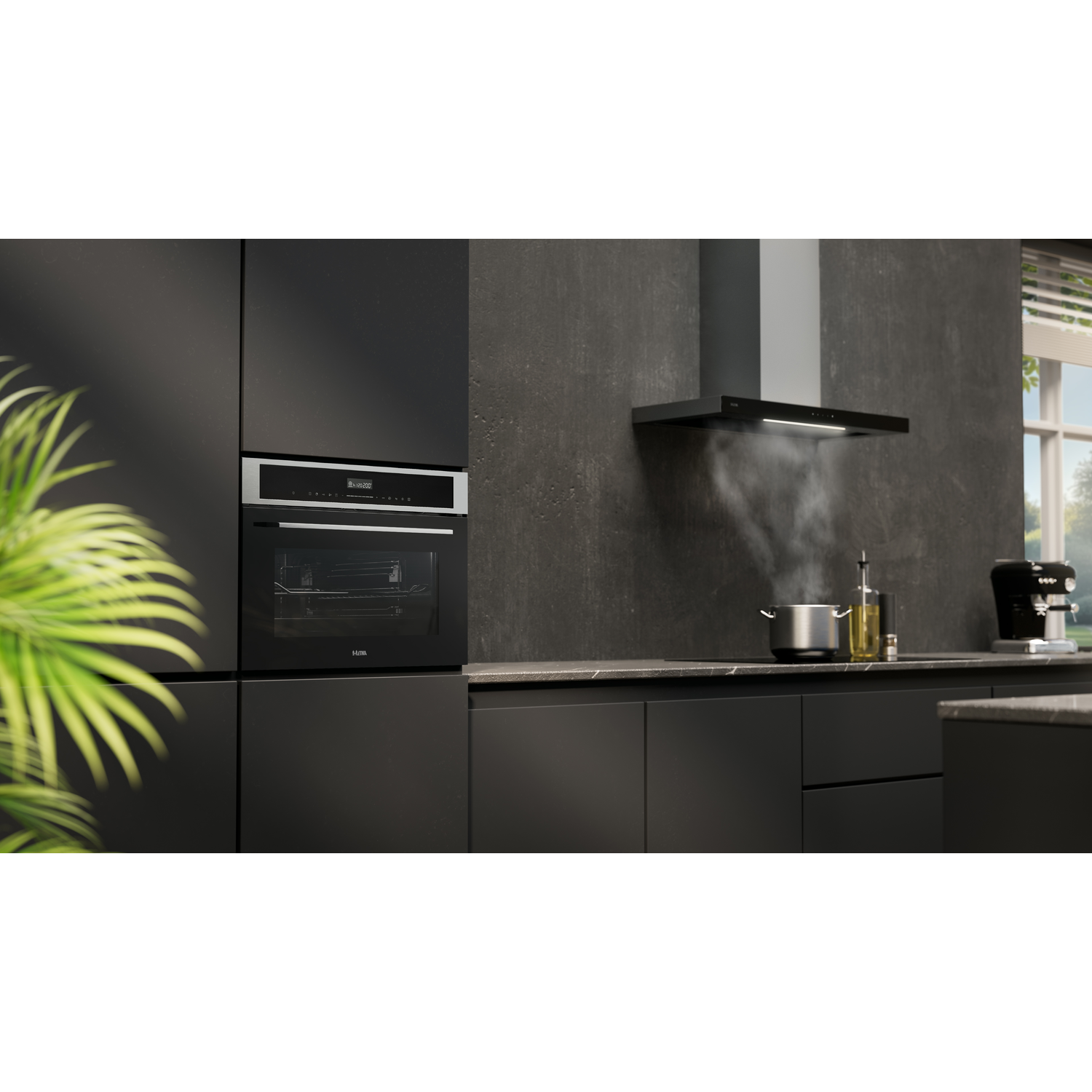 Modern kitchen with oven, hood, and cooking pot.