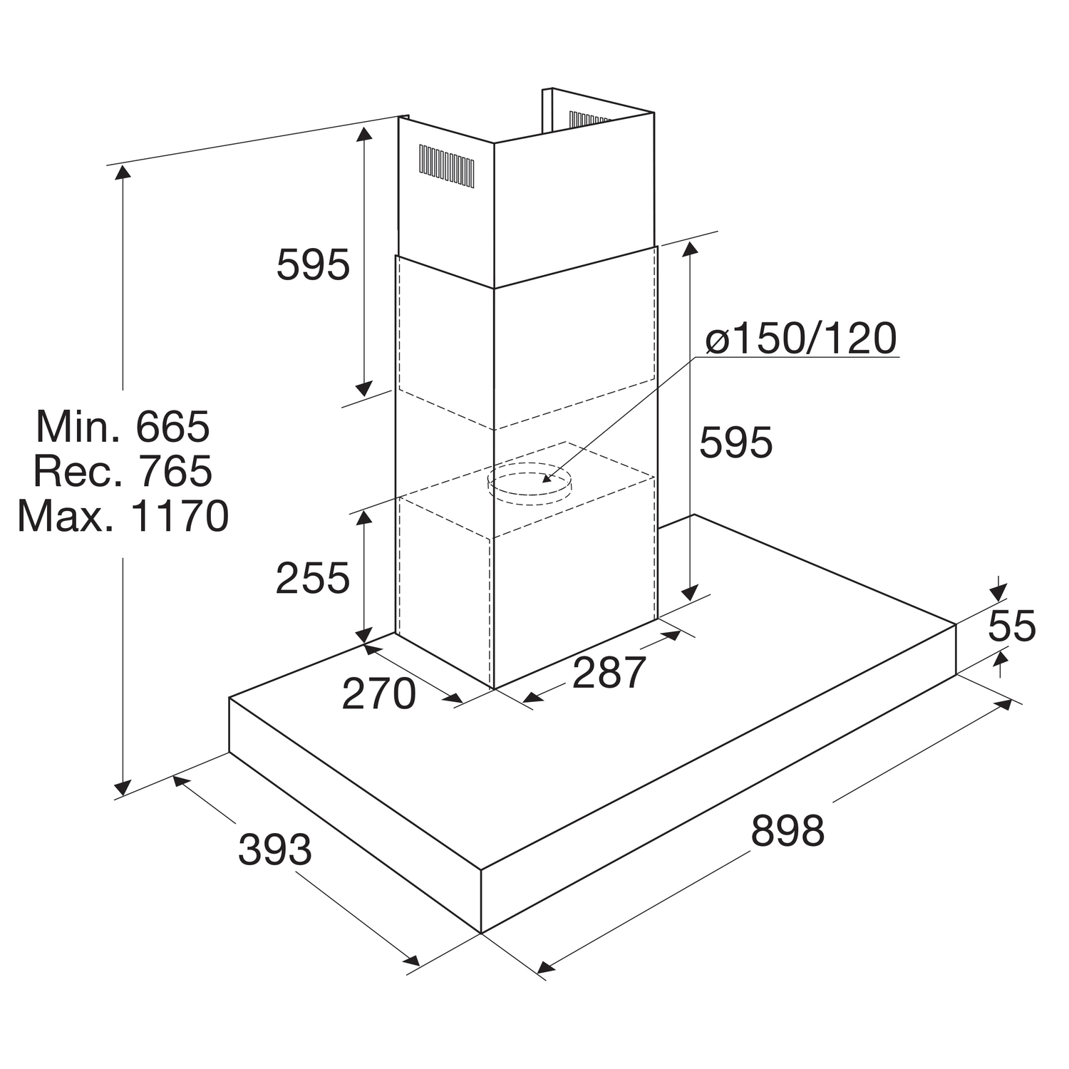 Diagram of a kitchen hood. Various dimensions are labeled. Rectangular design with a chimney-style extension.
