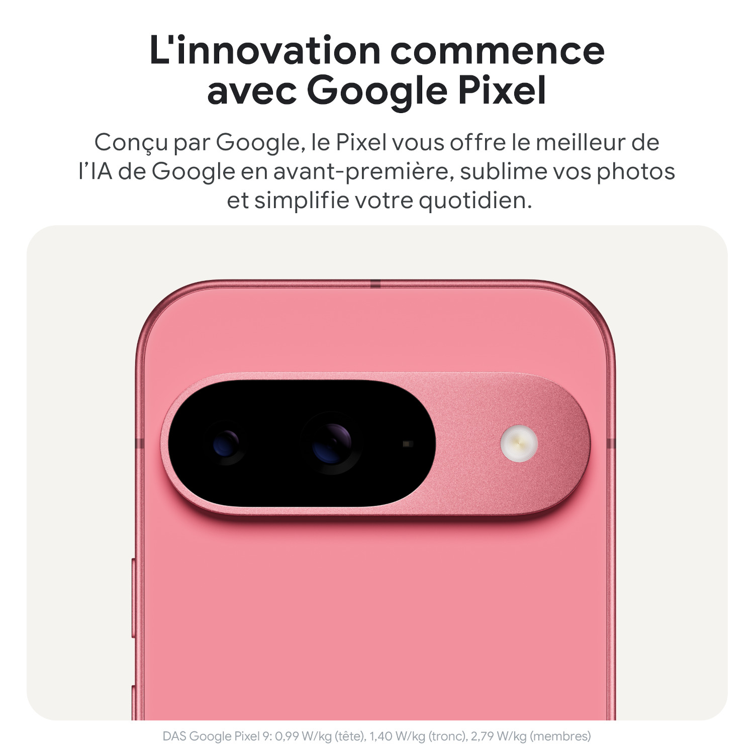 Téléphone Google Pixel rose avec une barre de caméra incurvée.