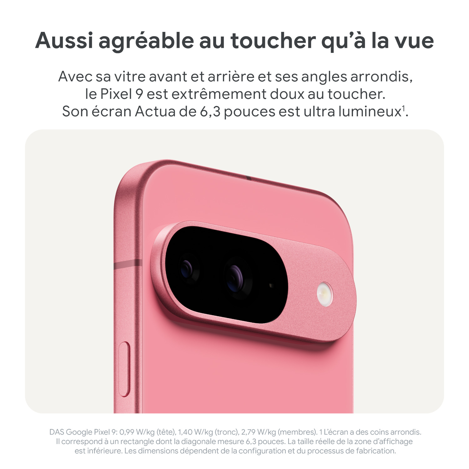 Smartphone rose, gros plan de l'arrière avec barre de caméra et objectif. Fond blanc.