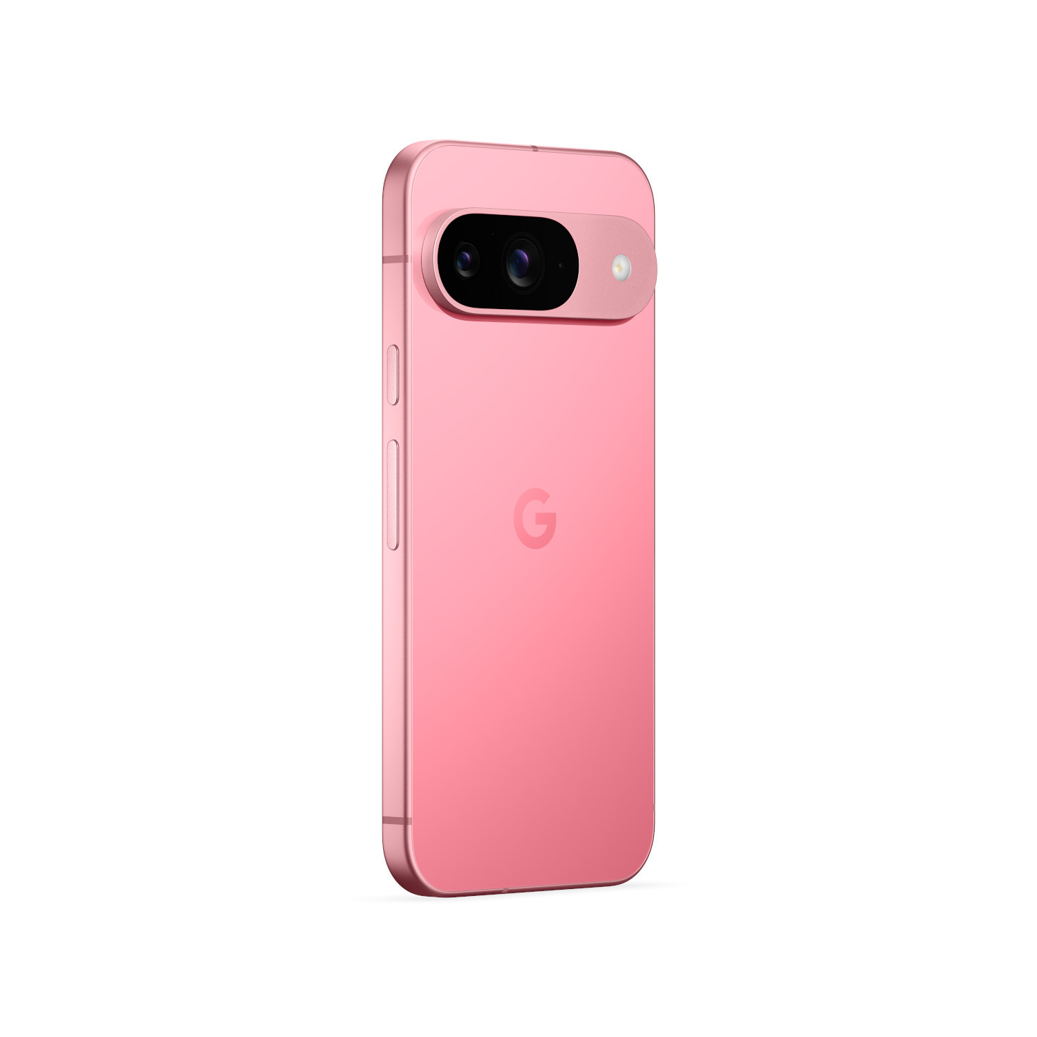 Pink smartphone with a dual-lens camera, and a single lens on the back.