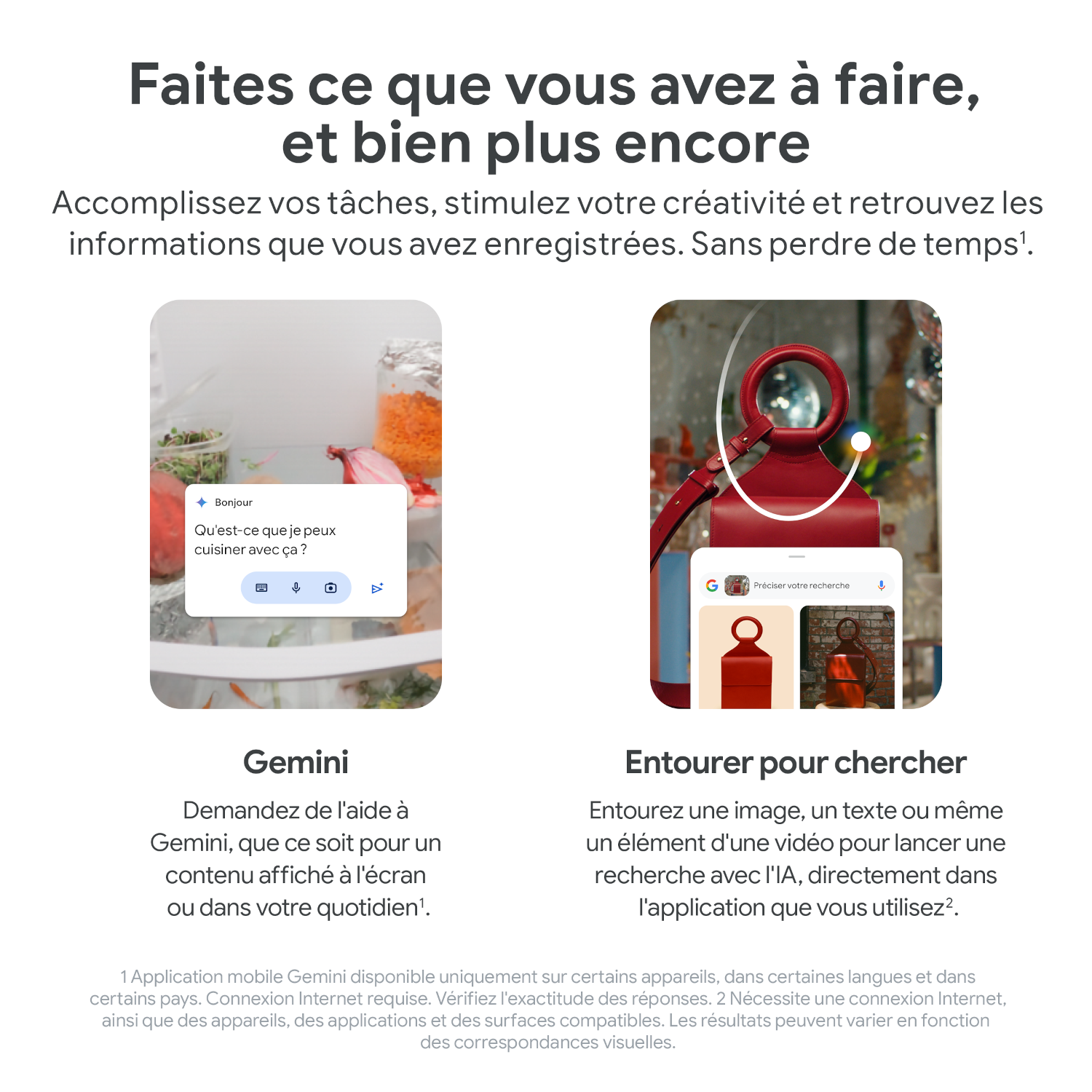 Deux écrans de téléphone montrant les fonctionnalités Gemini et Google Lens. Texte : 'Faites ce que vous avez à faire...'
