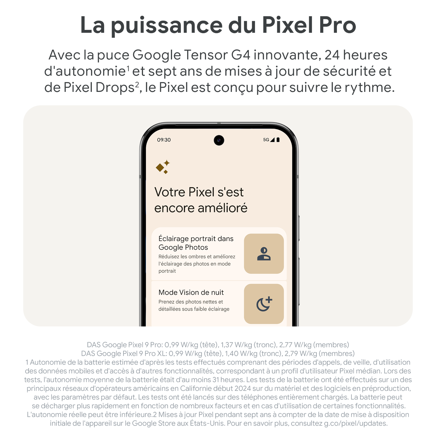 Écran de smartphone avec interface Pixel montrant l'éclairage portrait et les options de vision nocturne.