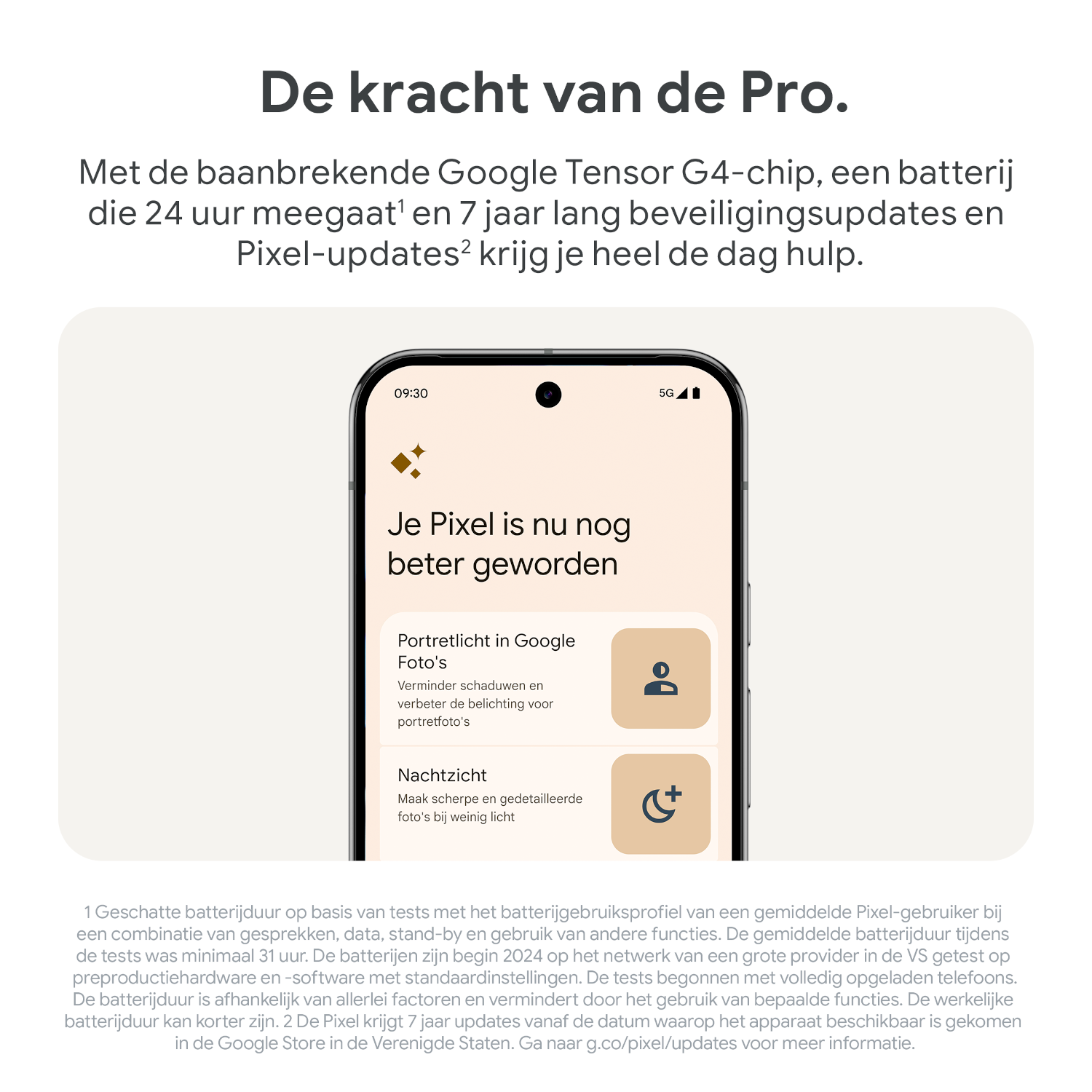 Een mobiele telefoonscherm met een Google-interface, met details over Pixel-functies.