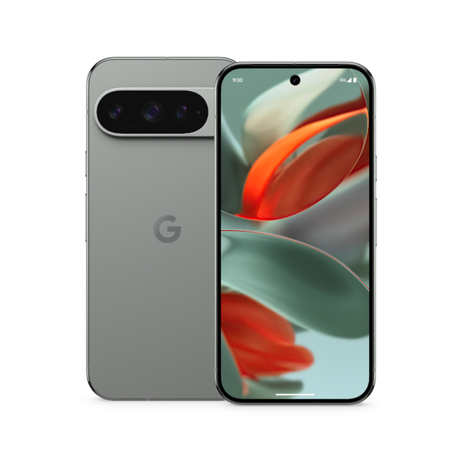 A gray phone with a dual-lens camera and a display showing an abstract image.