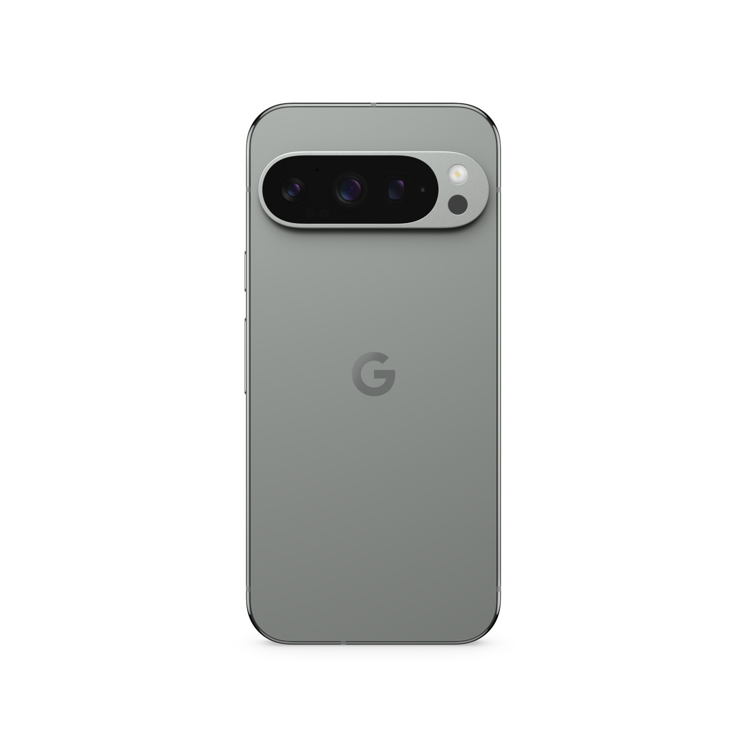 Gray phone back view. Dual camera and flash, G logo. Silver frame and camera bar. White background.