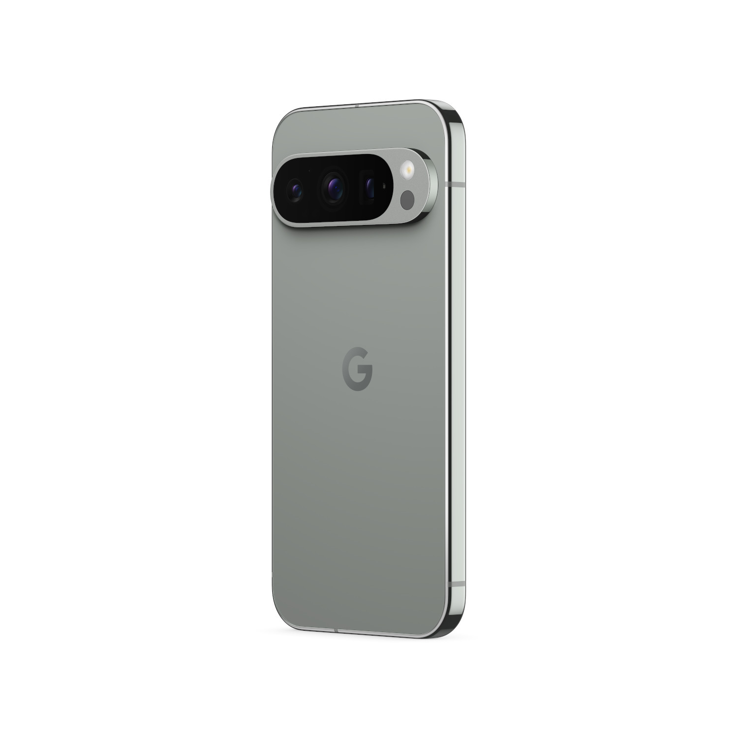 A grey smartphone with a triple-lens camera on the back, leaning against a white surface.