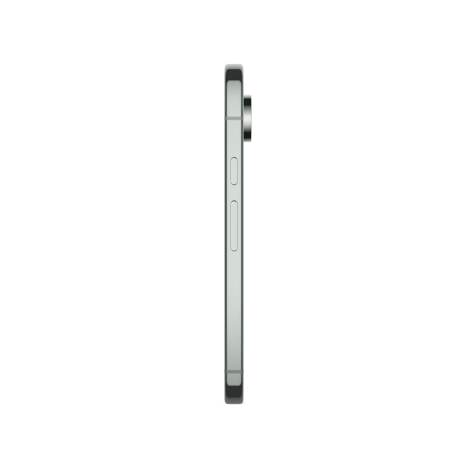 Side view of a gray phone. It has volume buttons and a power button on the side.