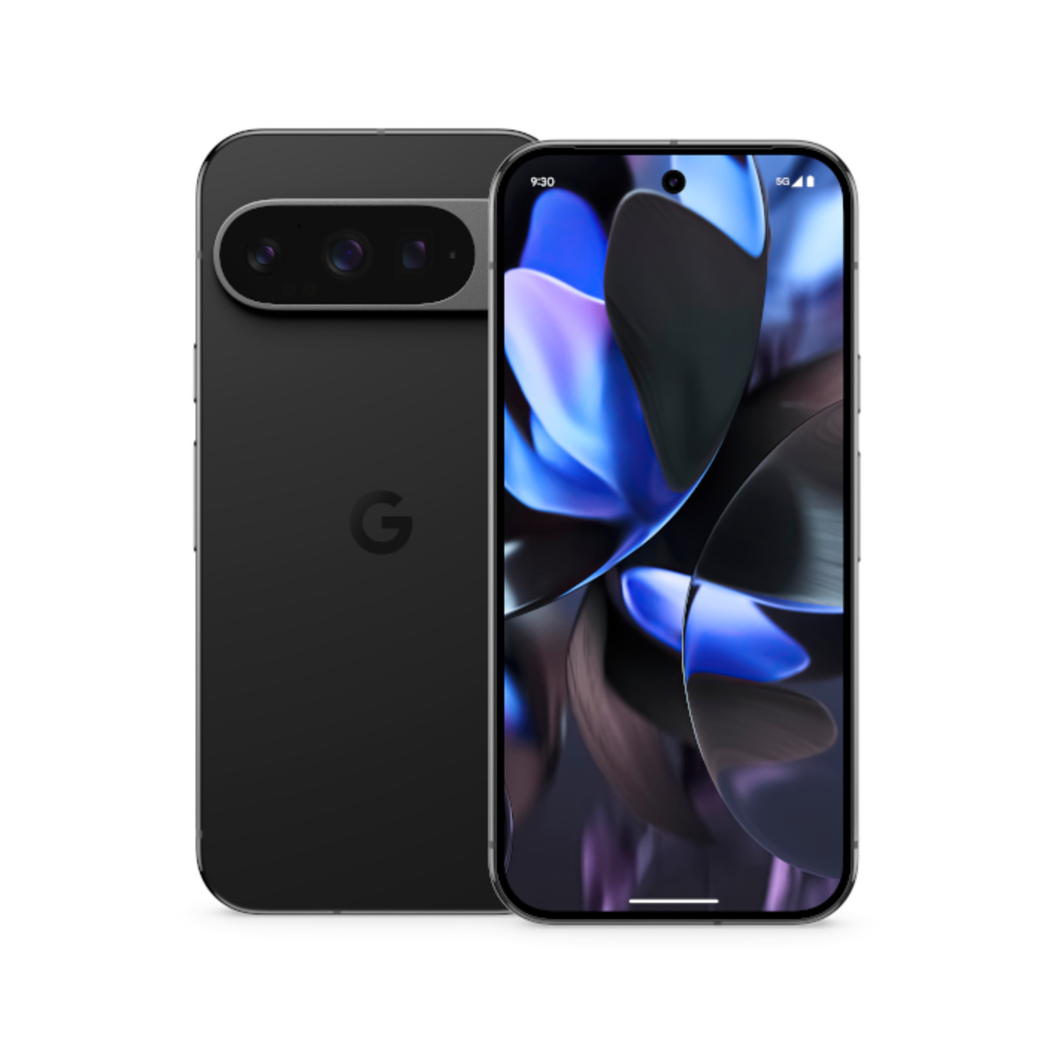 Un téléphone Google noir avec l'écran allumé, montrant un fond abstrait bleu.