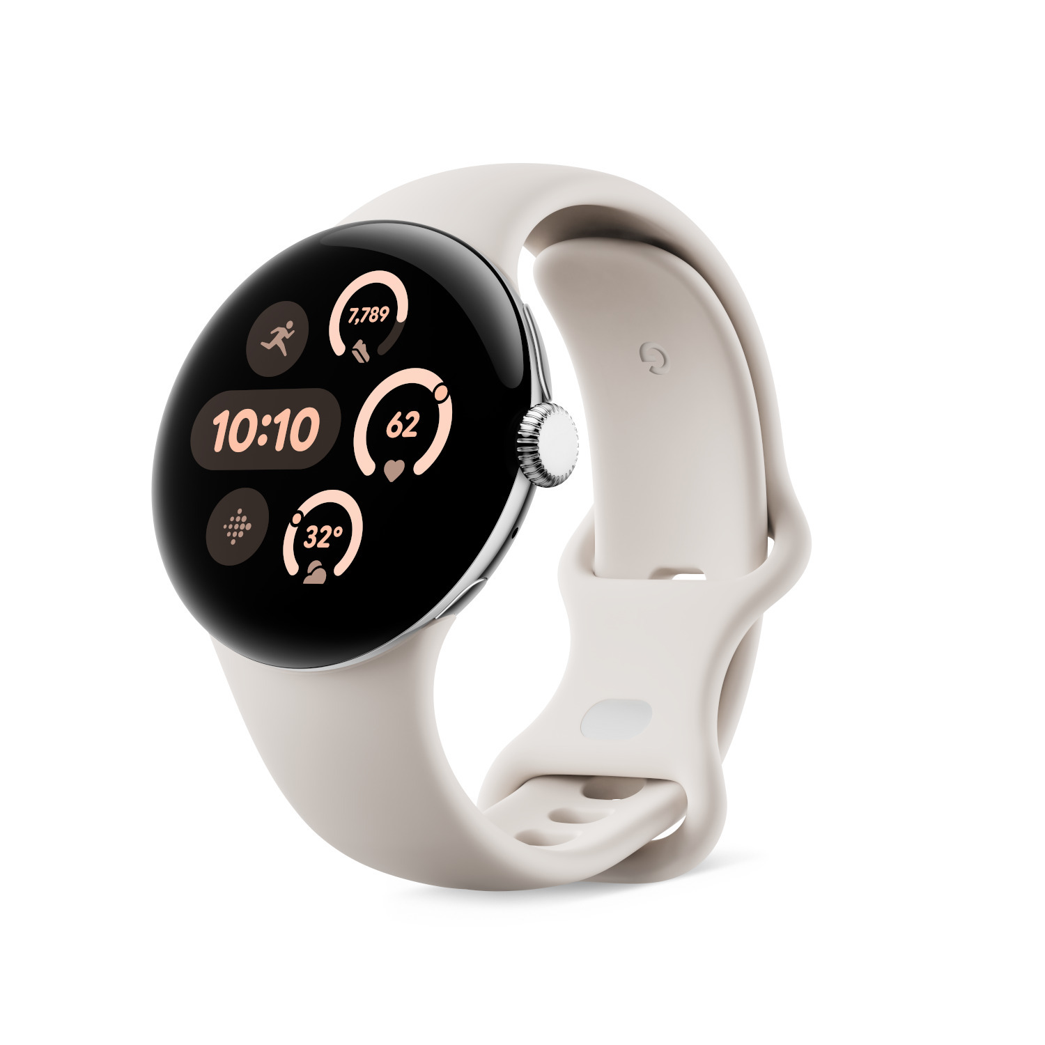 A cream-colored smartwatch with a circular display showing time, steps, heart rate, and temperature.