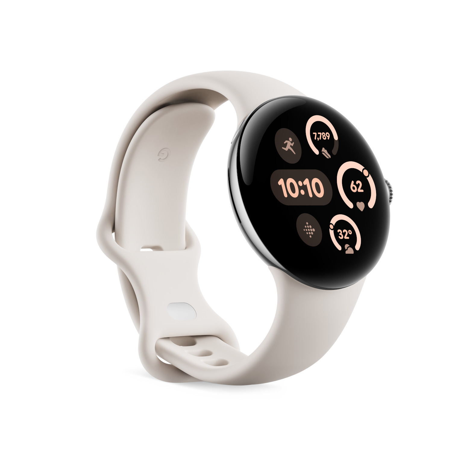 A smartwatch with a white strap. The screen shows time, steps, heart rate, and temperature.