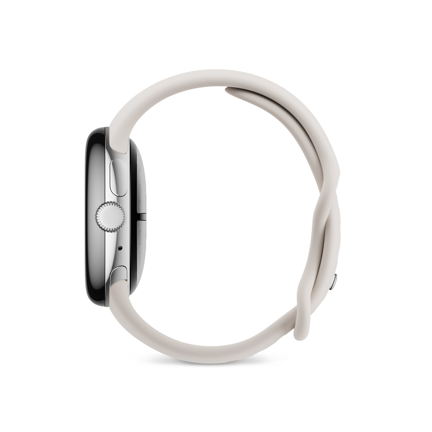 A silver smartwatch with a white strap seen from the side on a white background.