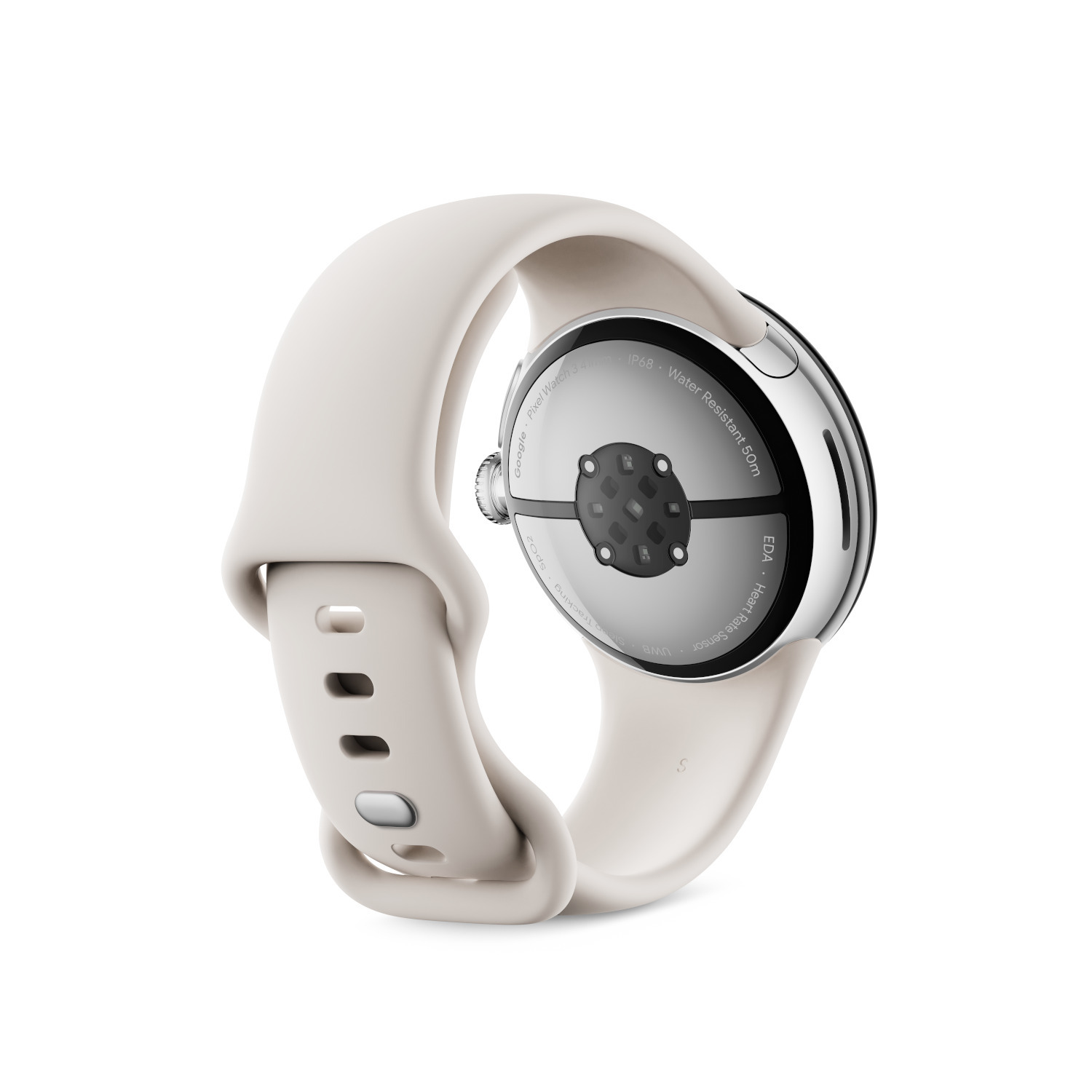 White smartwatch, back view, with a circular face and a cream-colored band.