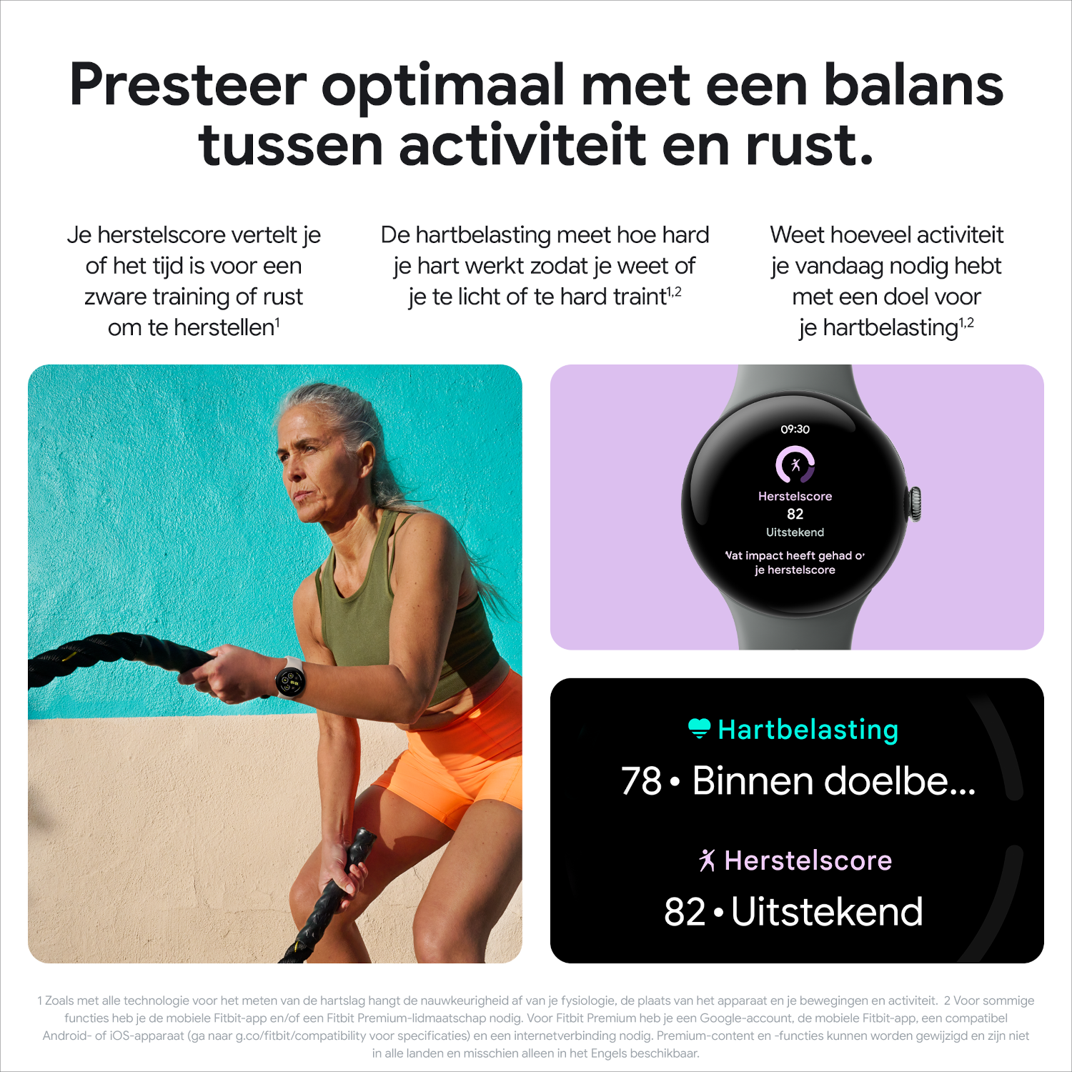 A woman exercising, holding a black rope, with a smartwatch displaying fitness data.