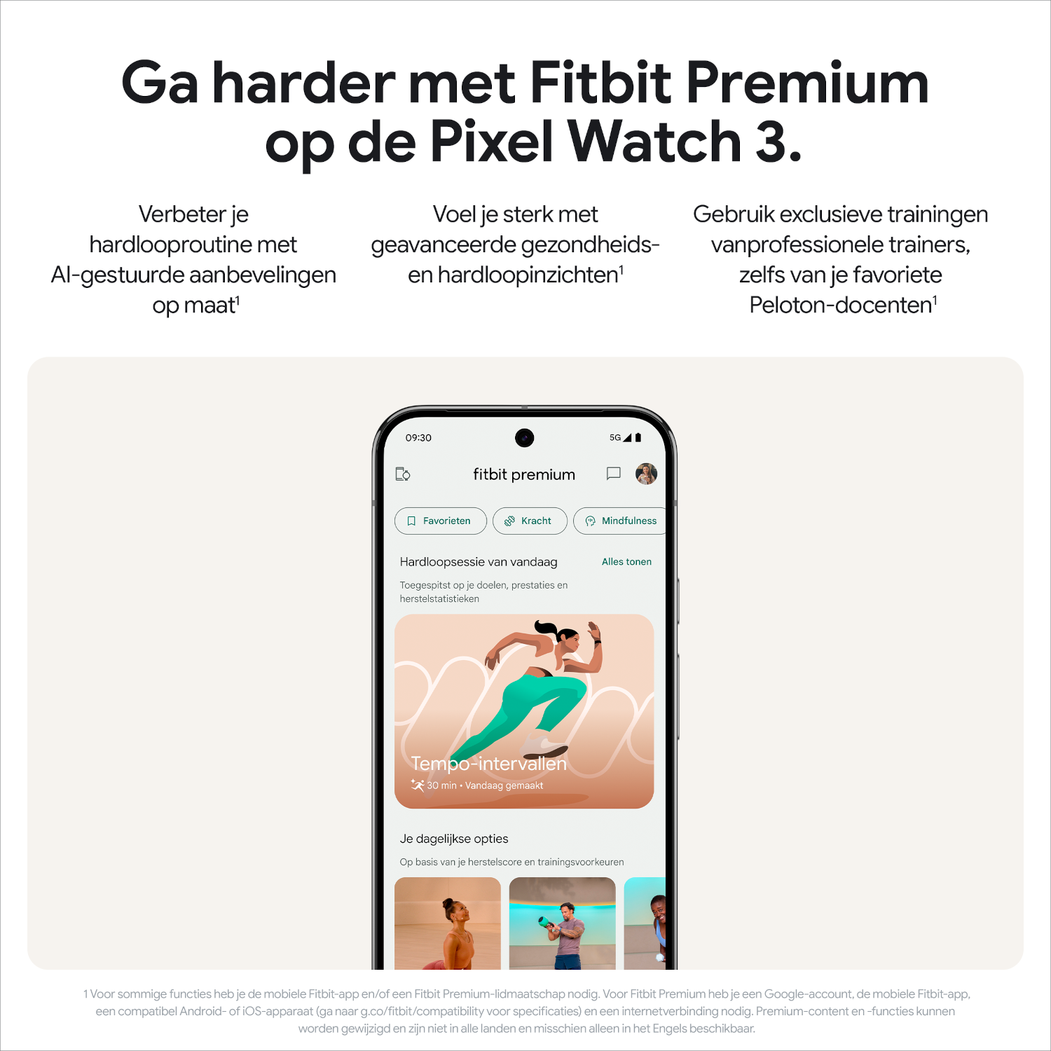 Fitbit Premium on Pixel Watch 3, a phone with a fitness app interface. Text and images are present.