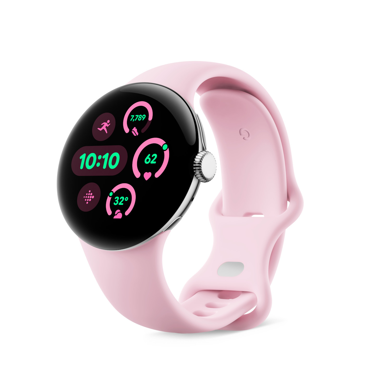 Pink smartwatch with a round display showing activity metrics. White background.