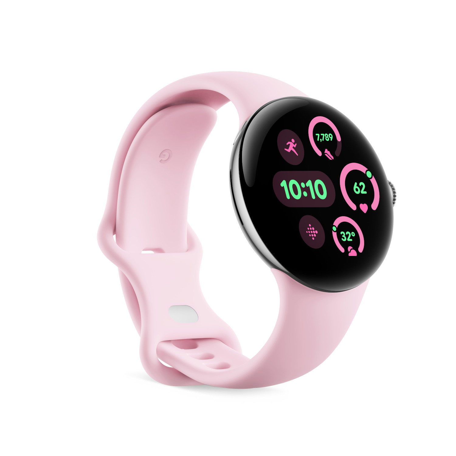 A pink smartwatch with a curved screen displaying fitness data. The band is also pink.