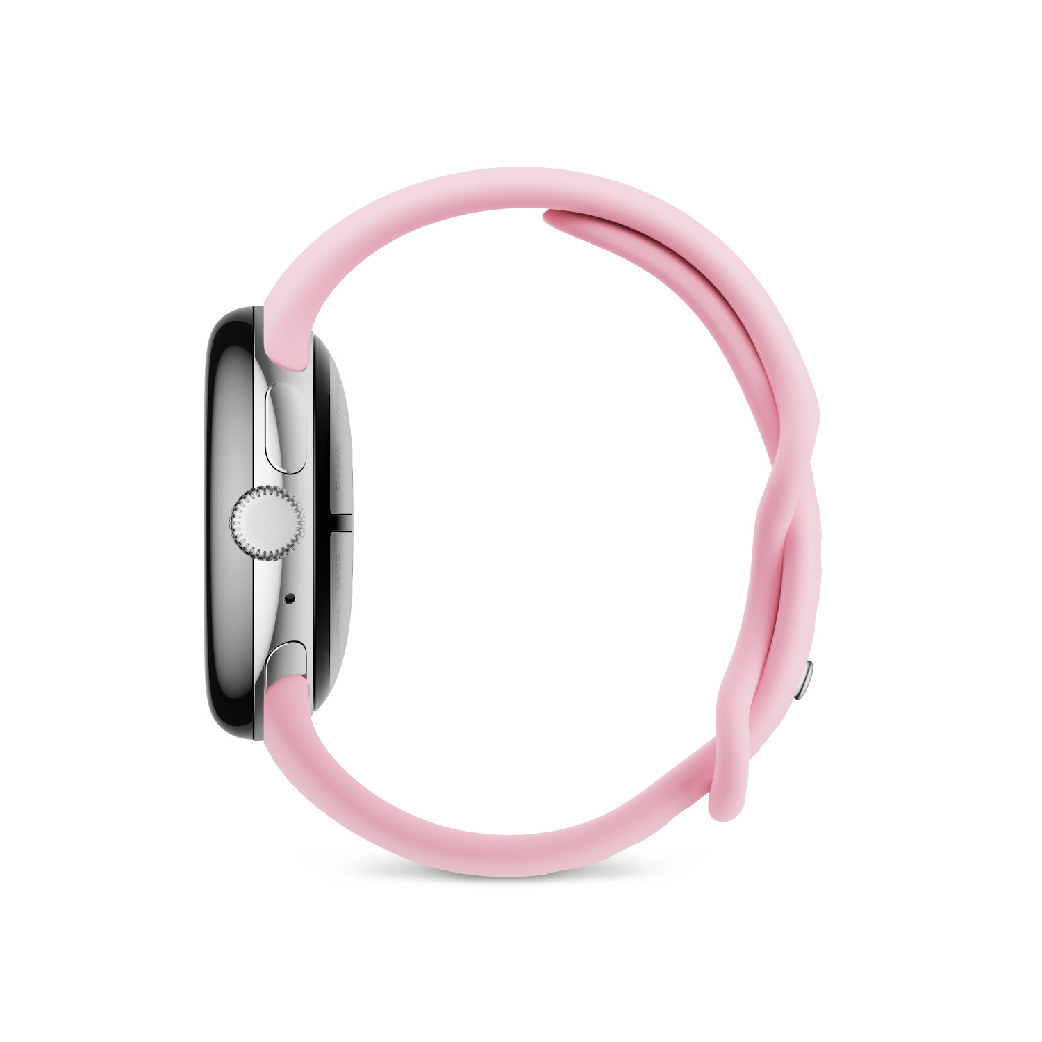 A silver smartwatch with a pink band, seen from the side.