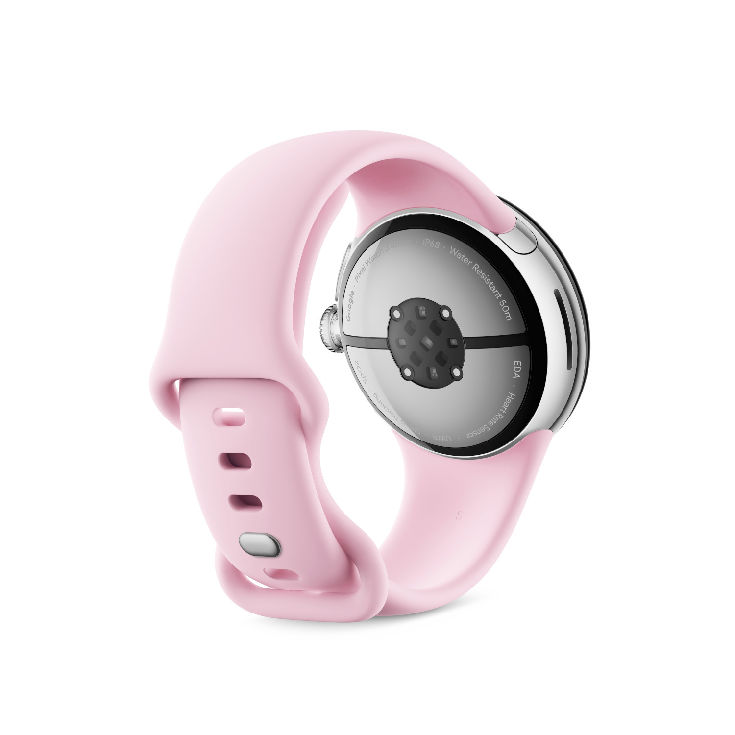 Pink smartwatch with a pink band, back view, on a white background.