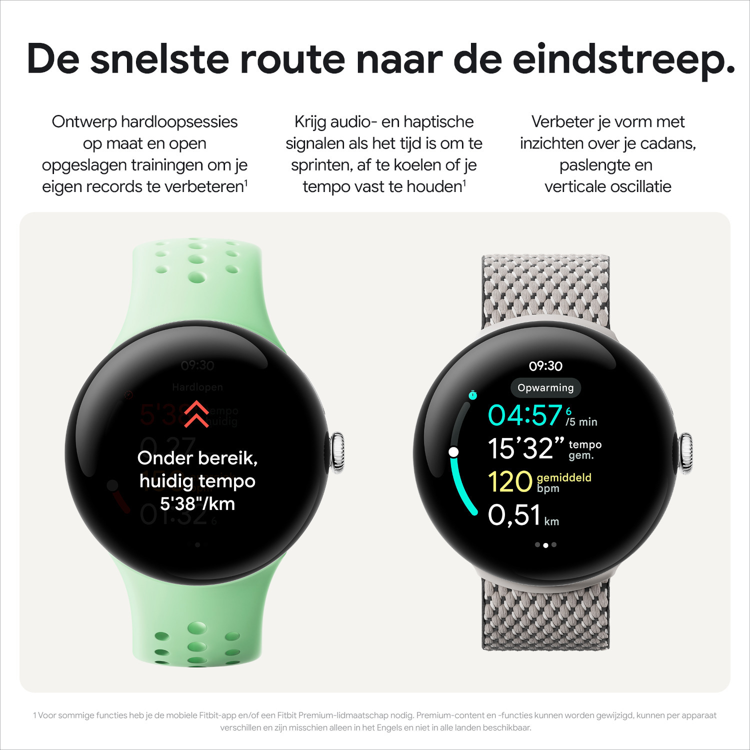 Smartwatch on wrist, showing time and workout metrics. Text reads, 'De snelste route naar de eindstreep' (The fastest route to the finish).