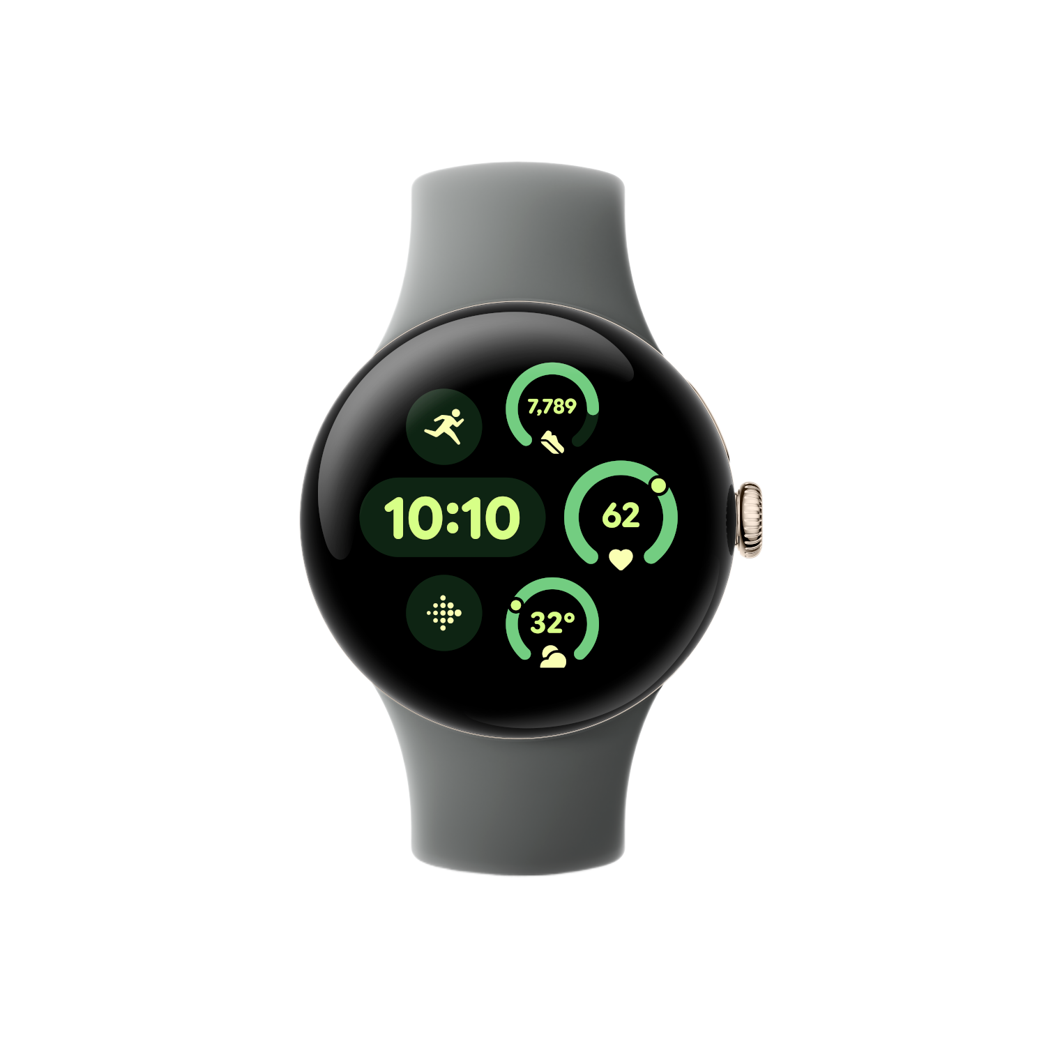 Een Google Pixel horloge. Toont tijd, stappen, hartslag en weer.