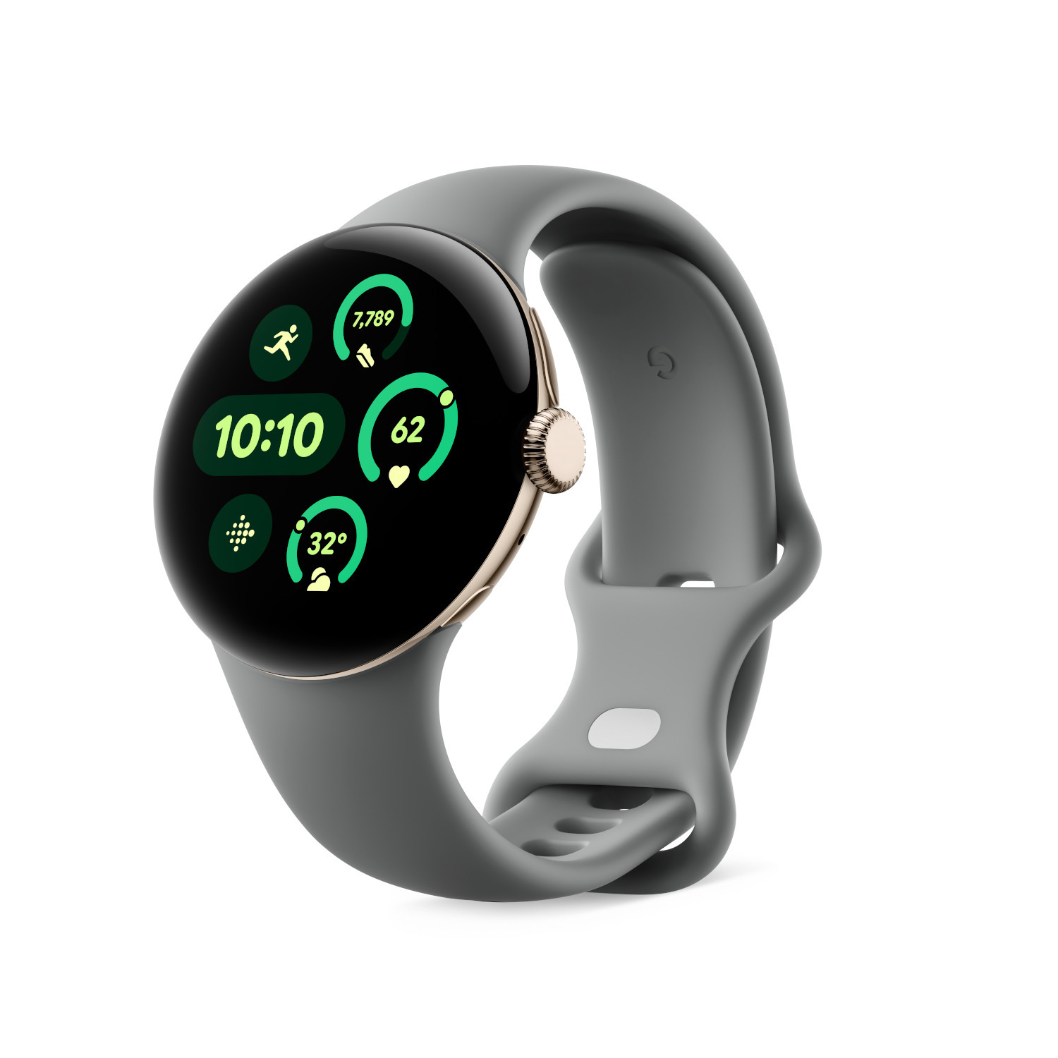 Smartwatch with a gray band, showing time and fitness metrics on its screen.