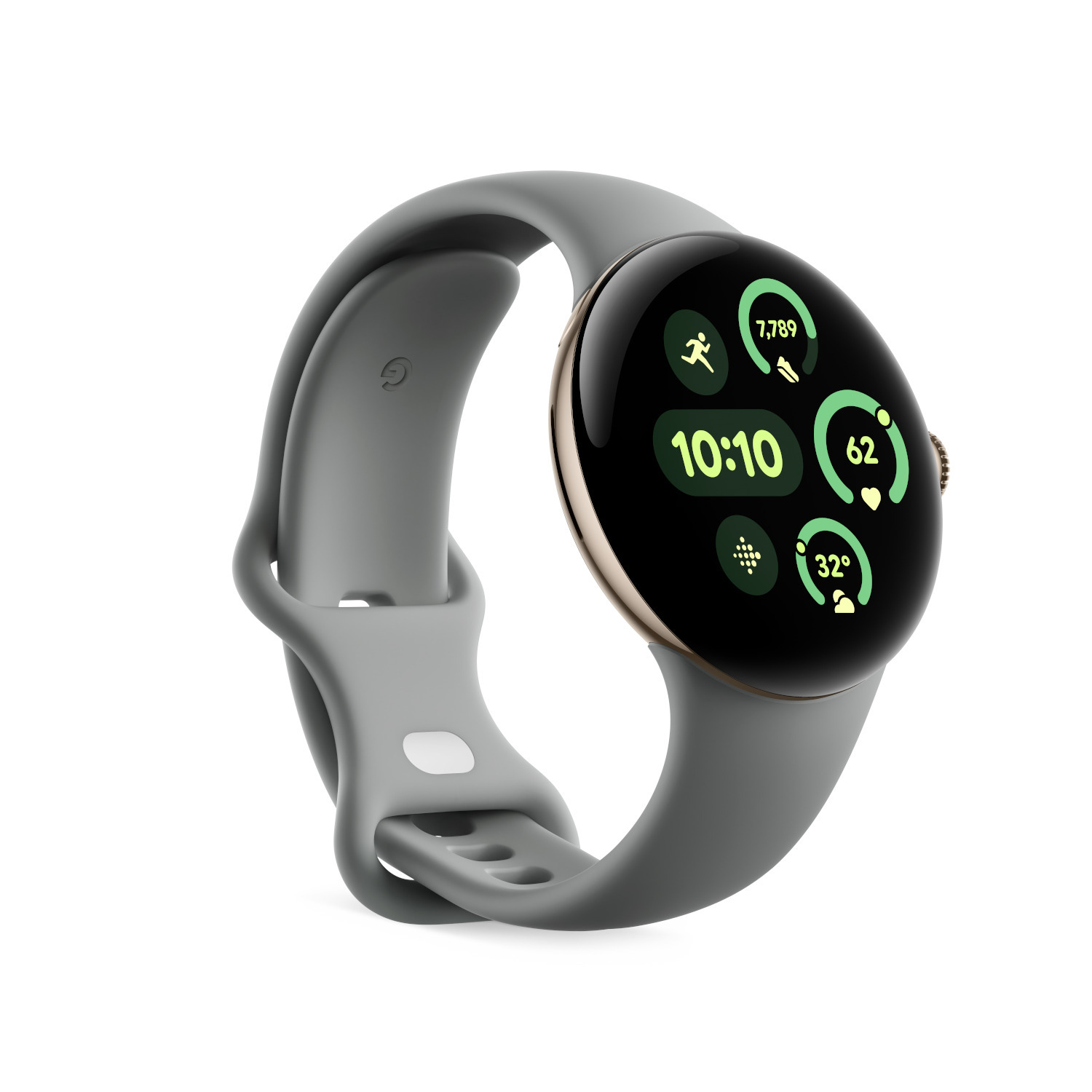 A grey smartwatch with a gold bezel and a grey strap, displaying the time and stats.