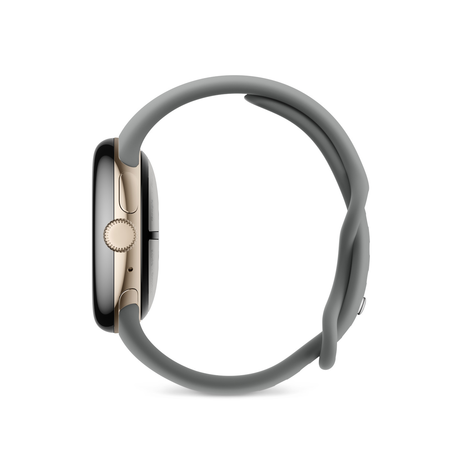 Side view of a smartwatch with gray strap.