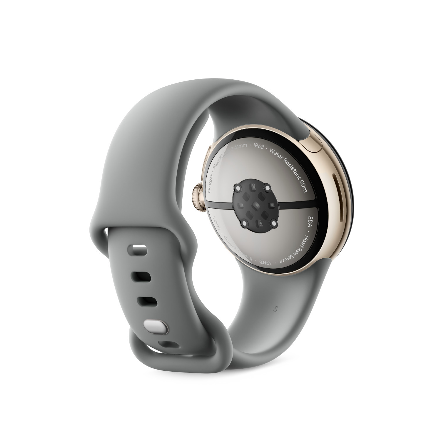 A grey smartwatch with a gold bezel and a grey strap, back view, details visible.