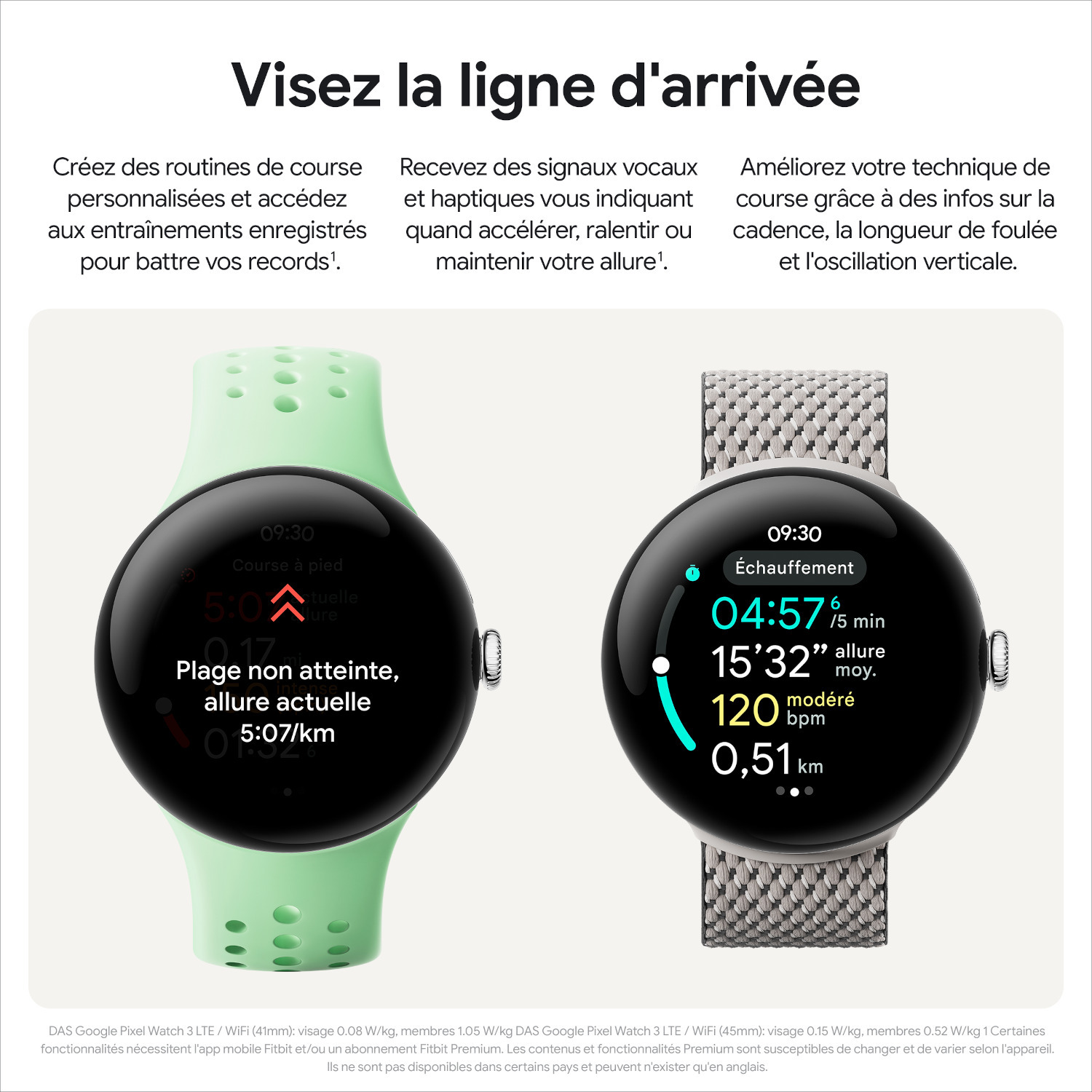 Deux montres connectées affichant des données d'exercice. L'une est vert menthe. Les données incluent la fréquence cardiaque et le rythme.