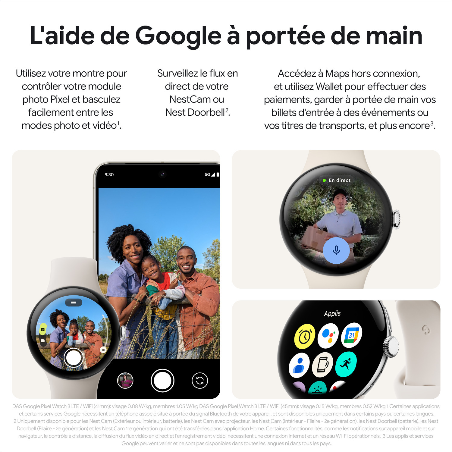Publicité Google montrant une montre connectée, un téléphone et un écran de montre connectée, sur fond crème.