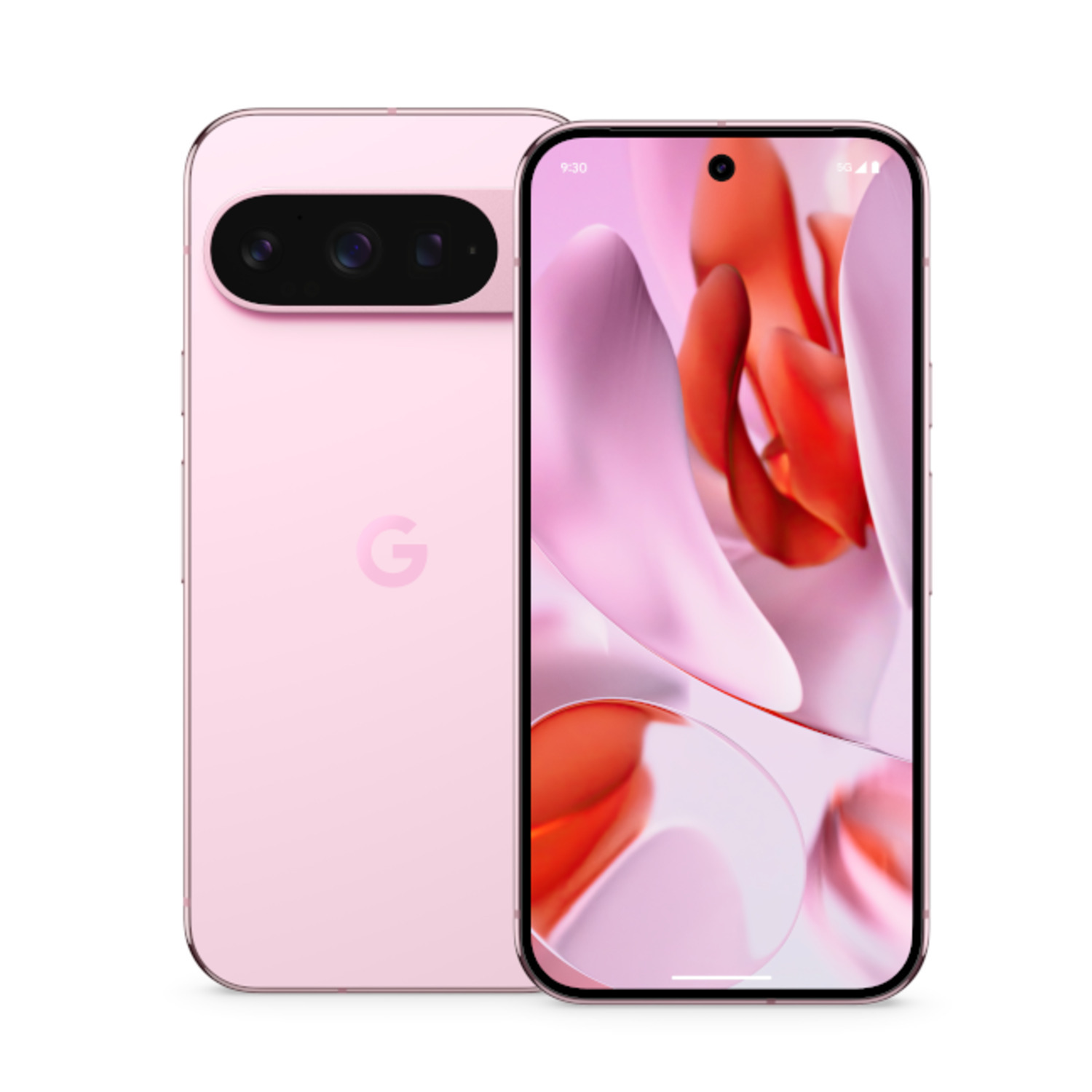 Roze smartphone links, met bloemenachtergrond rechts.