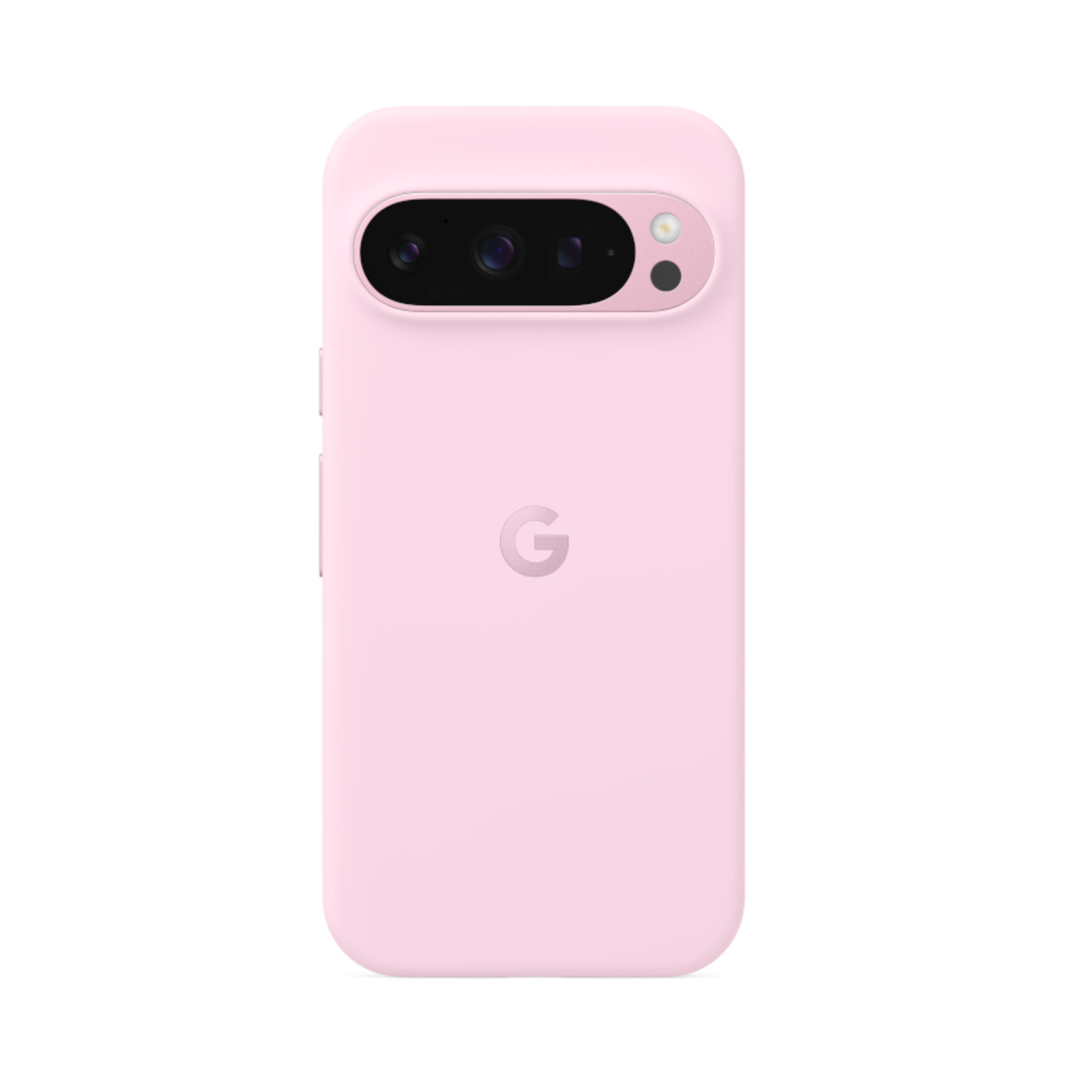 Een roze Google Pixel-telefoon. Het heeft een camerabalk en een 'G'-logo.