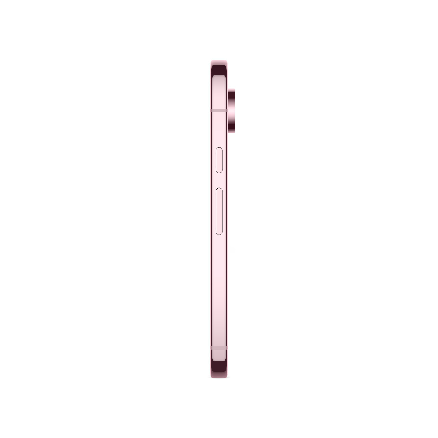 Zijaanzicht van een roze telefoon. Het toont de zijknoppen en de cameramodule op een witte achtergrond.