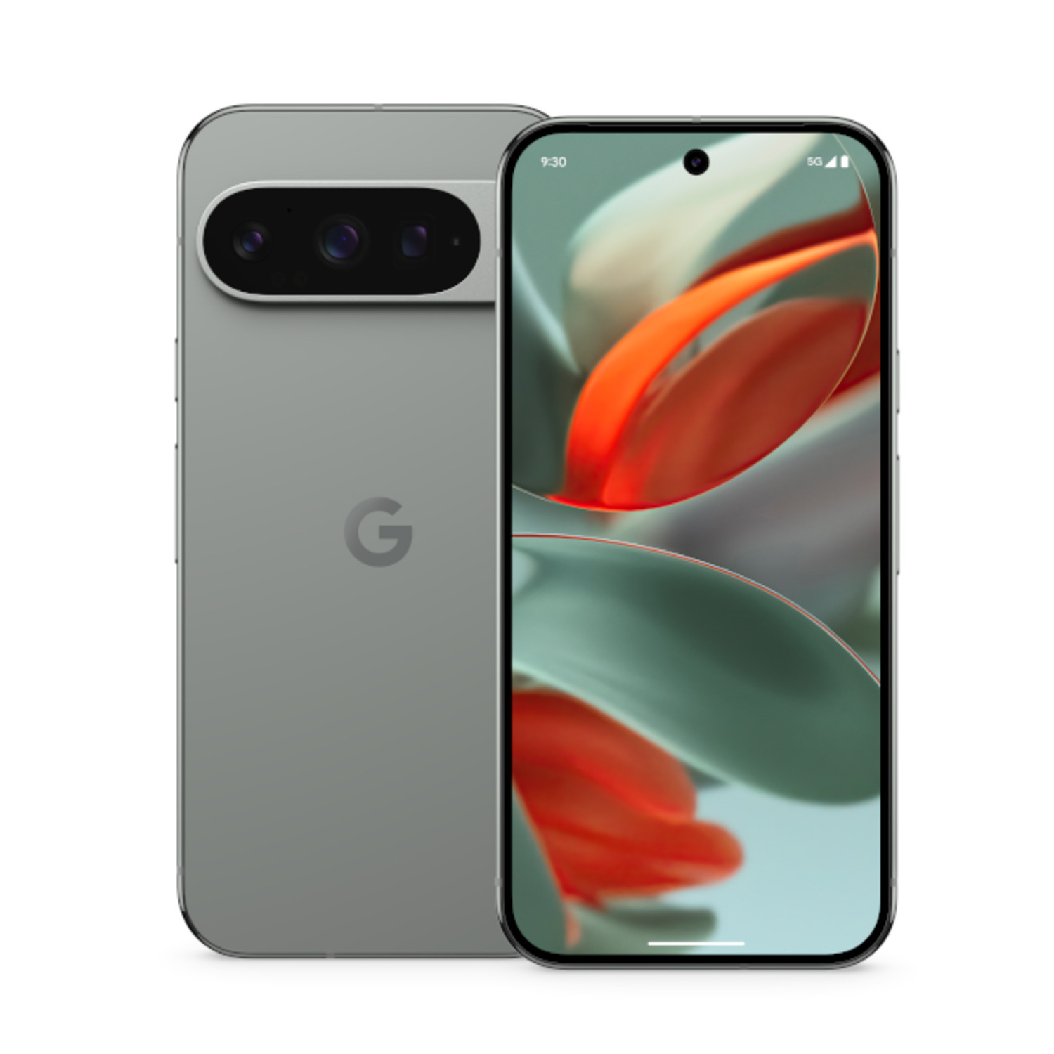Smartphone met twee camera's en een lichtgroene achterkant, met het scherm en een Google-logo.