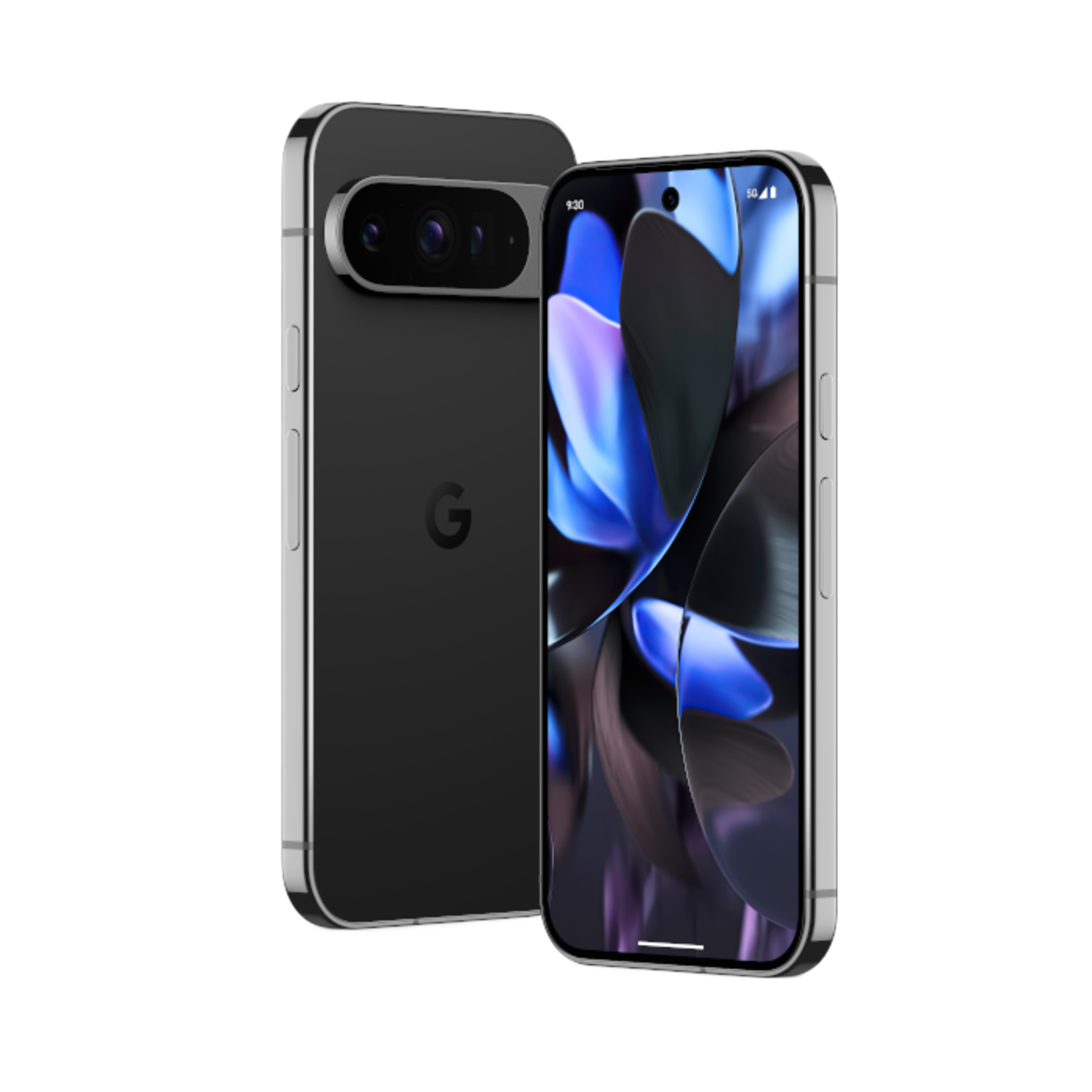 Un téléphone avec une barre de caméra. Un téléphone au dos, l'autre affiche l'écran.