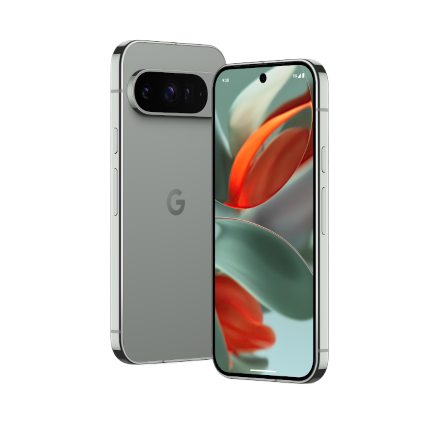 Téléphone Pixel, caméra à double objectif, coque verte, écran avec design abstrait.