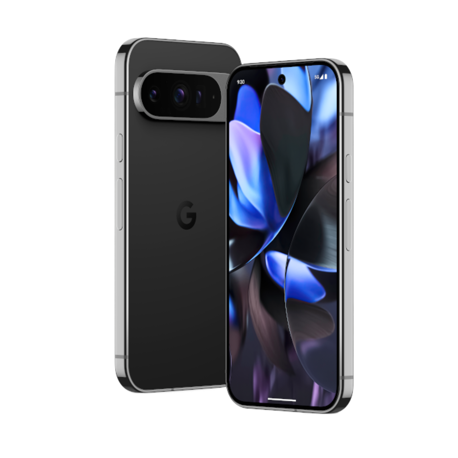 Deux smartphones, noirs et argentés, affichent un fond d'écran floral, logo Google visible.