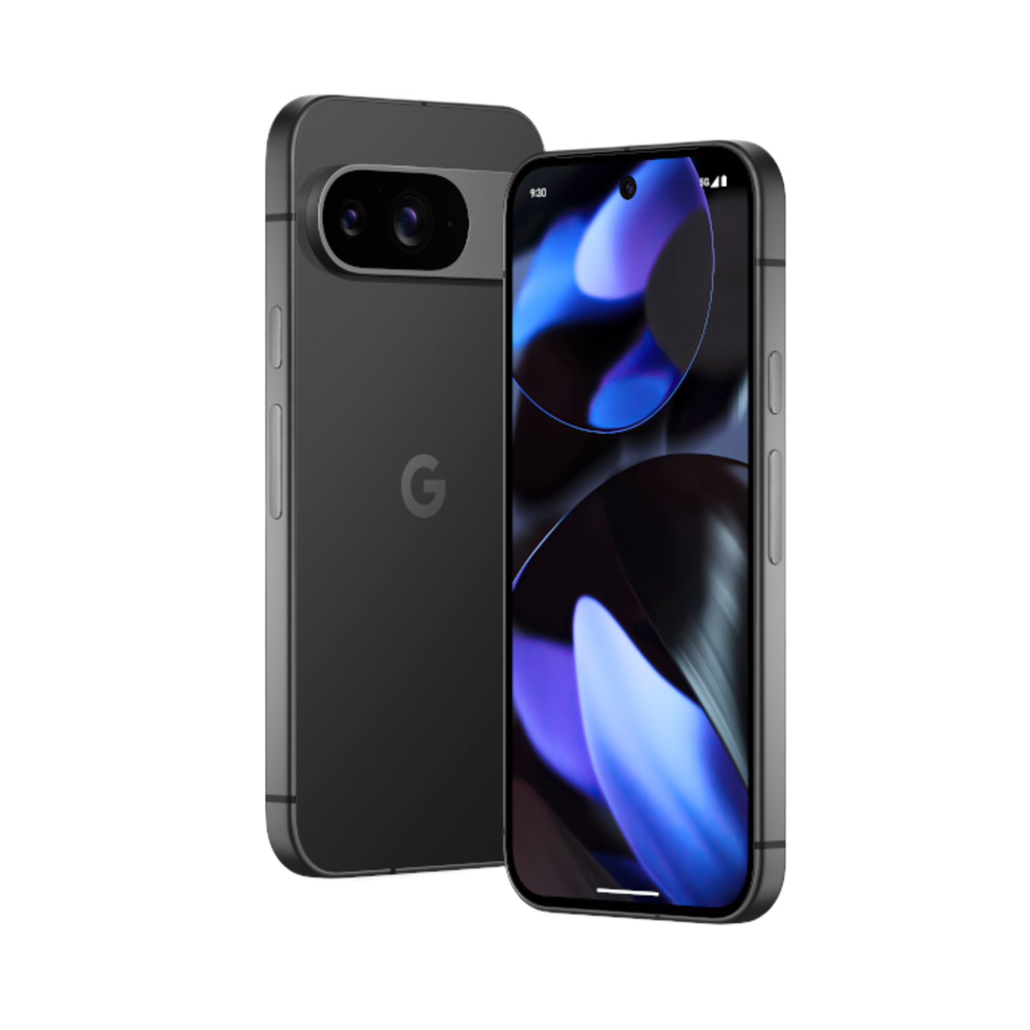 Zwarte Pixel-telefoon, dual-lens camera, zwarte case, scherm toont design.
